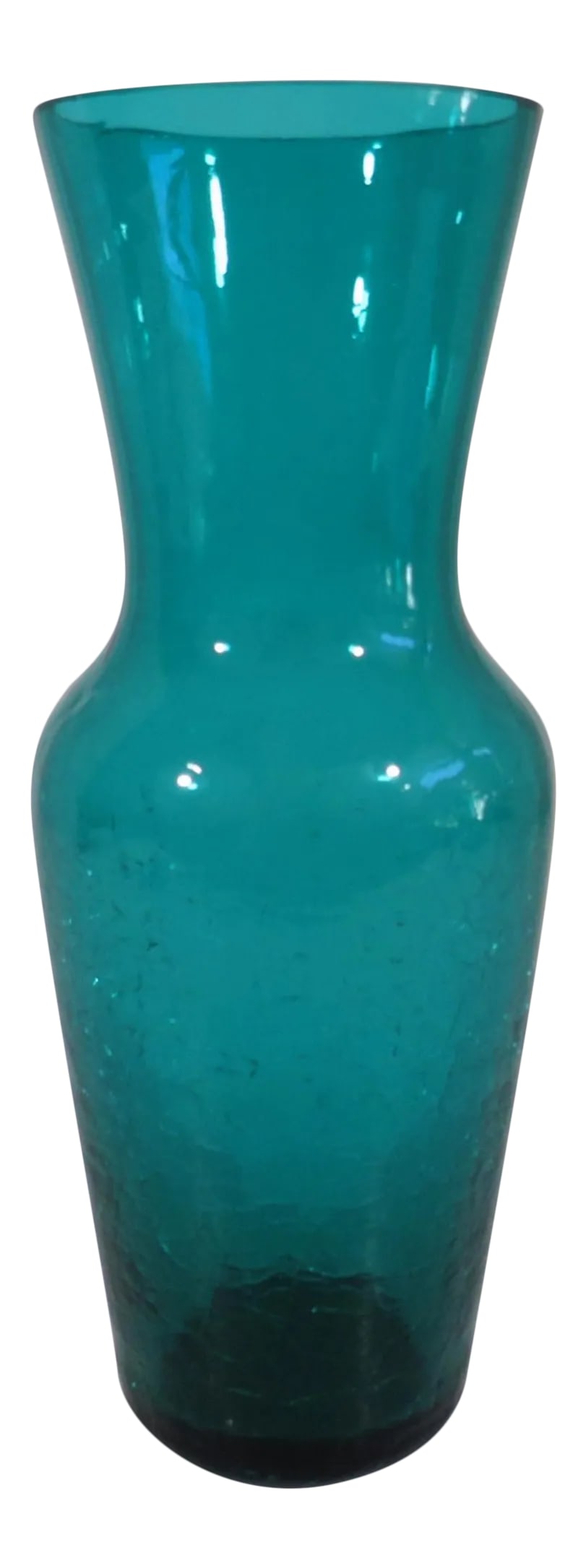 Vintage Teal Glass Vase: Late 20th century mold-made teal crackle glass vase with a flared rim. Unmarked, excellent condition. Condition: Alterations: Original Condition Unaltered Imperfections: Some Imperfections Condition N