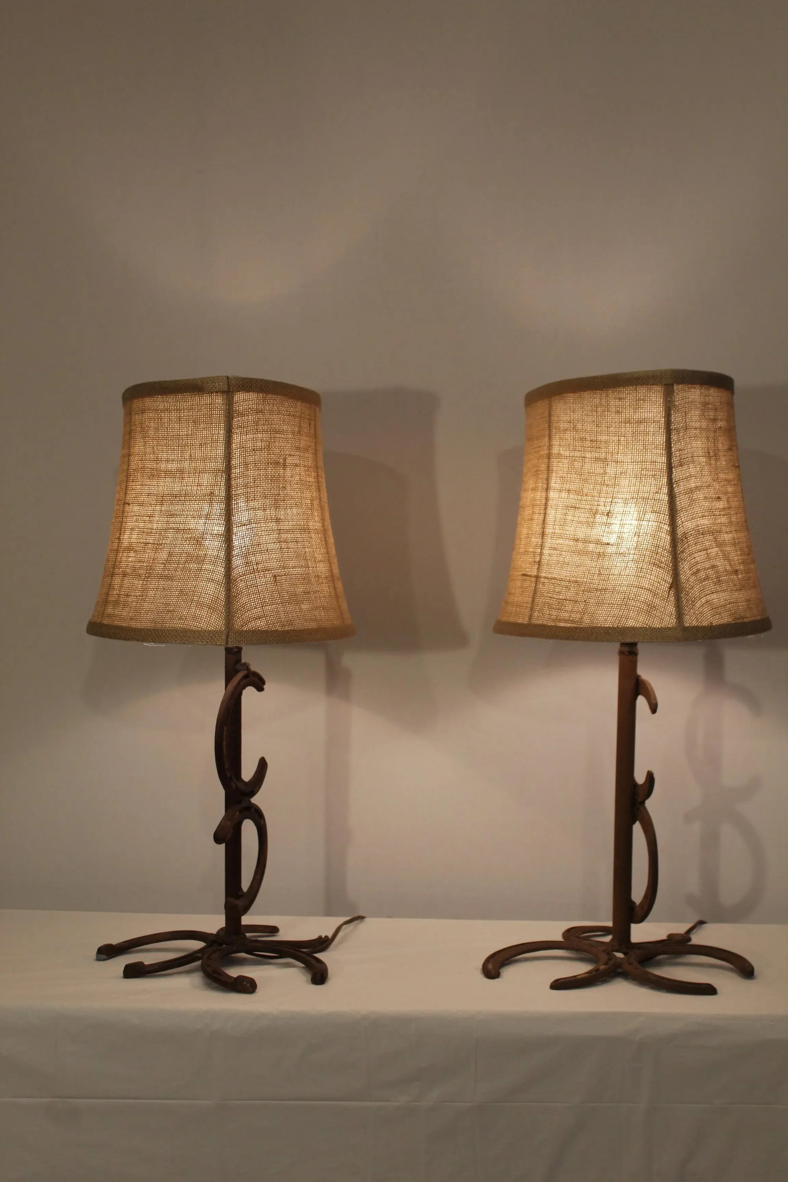 1930s Rustic Wrought Iron Horse Shoe Lamps - a Pair - 11