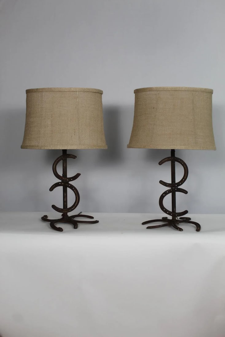 1930s Rustic Wrought Iron Horse Shoe Lamps - a Pair - 12