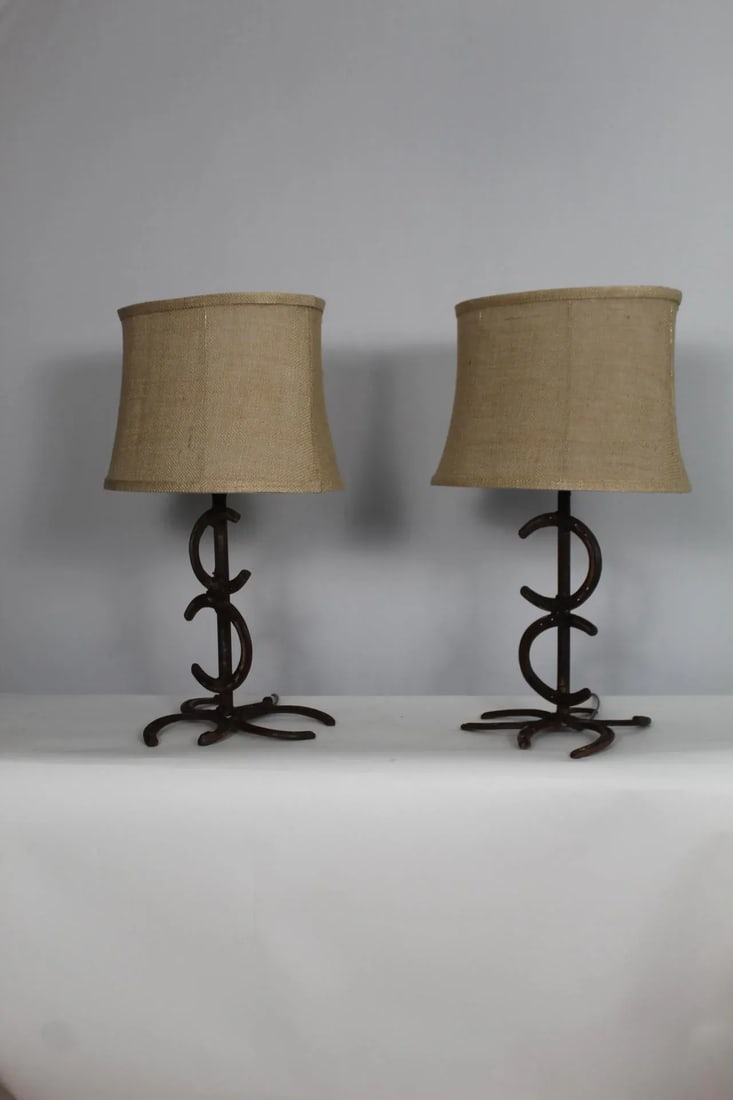 1930s Rustic Wrought Iron Horse Shoe Lamps - a Pair - 13
