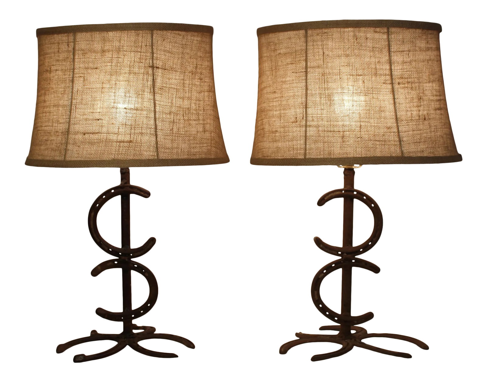 1930s Rustic Wrought Iron Horse Shoe Lamps - a Pair - 2