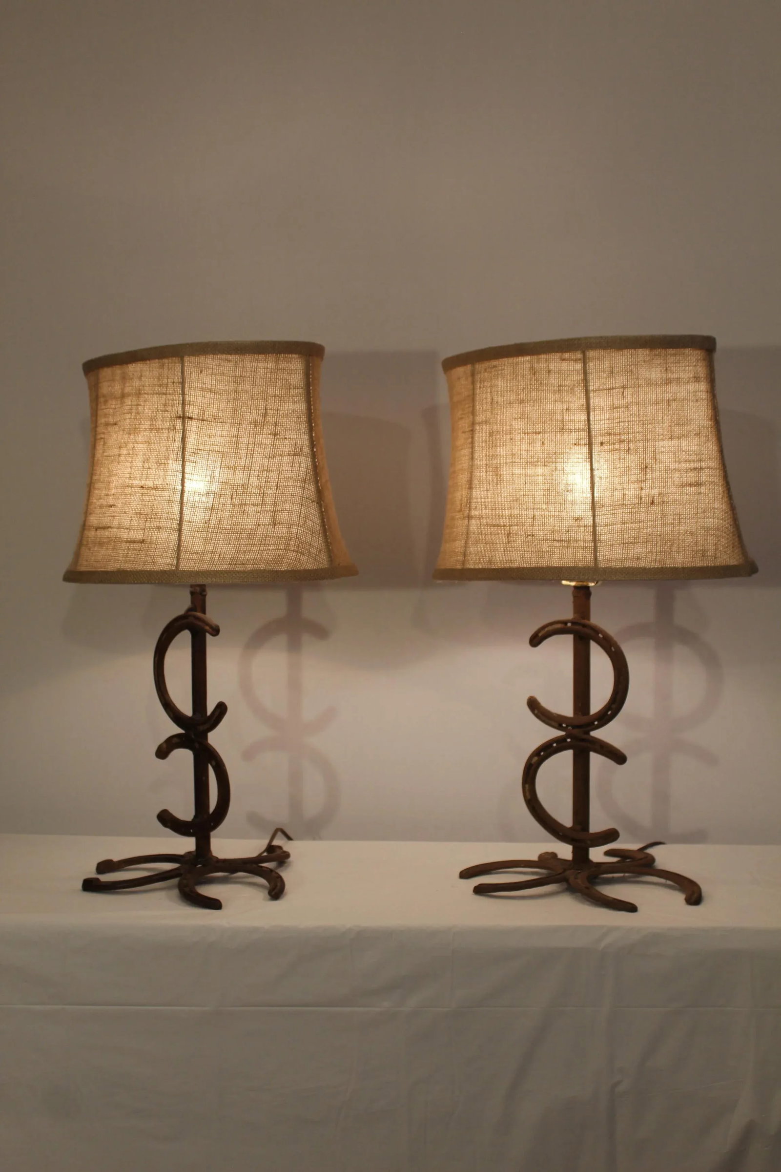 1930s Rustic Wrought Iron Horse Shoe Lamps - a Pair - 3