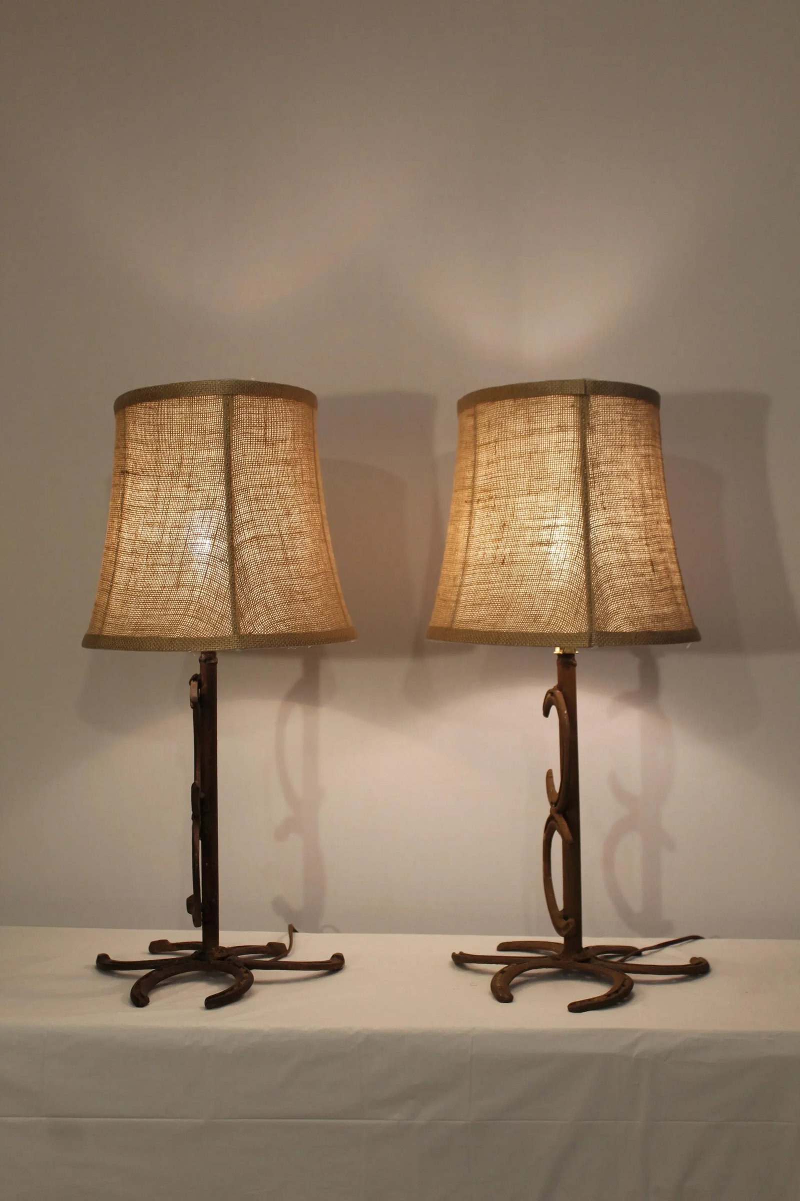 1930s Rustic Wrought Iron Horse Shoe Lamps - a Pair - 4