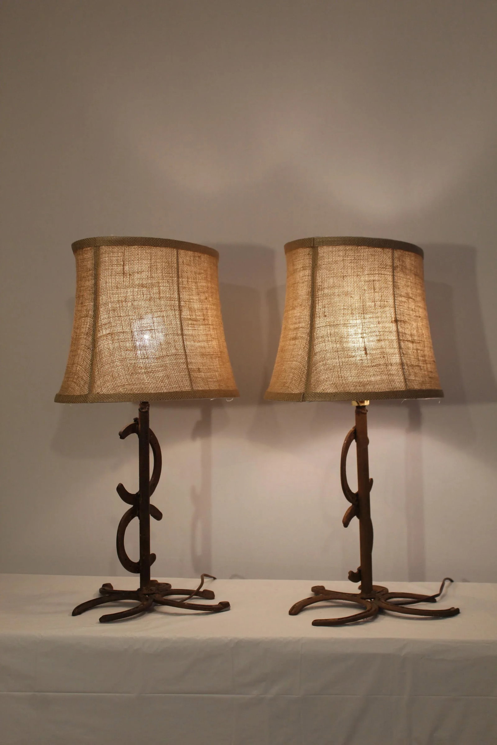 1930s Rustic Wrought Iron Horse Shoe Lamps - a Pair - 5