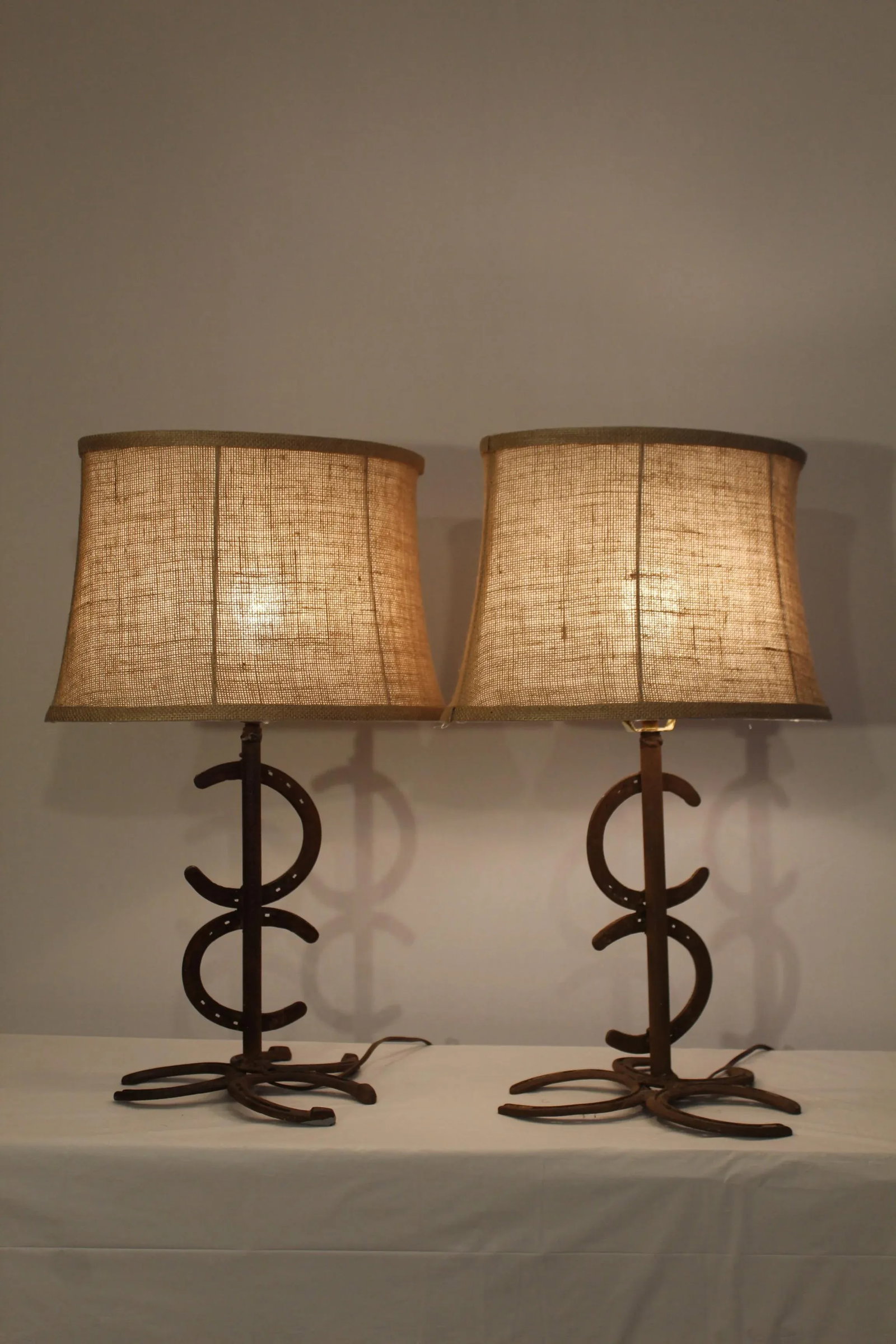 1930s Rustic Wrought Iron Horse Shoe Lamps - a Pair - 6