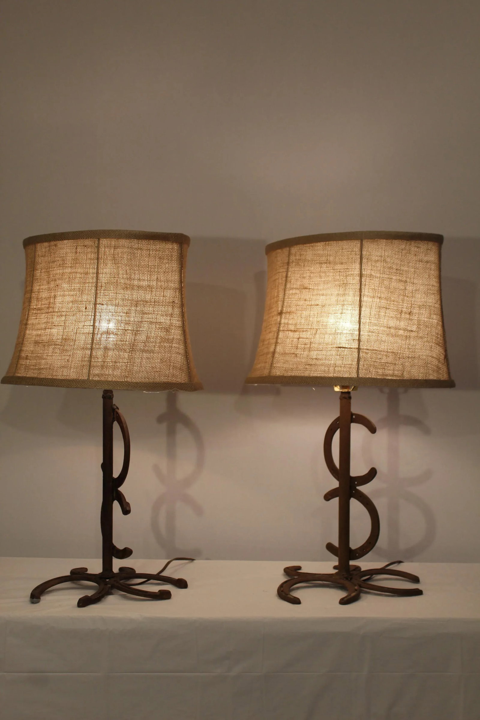 1930s Rustic Wrought Iron Horse Shoe Lamps - a Pair - 7