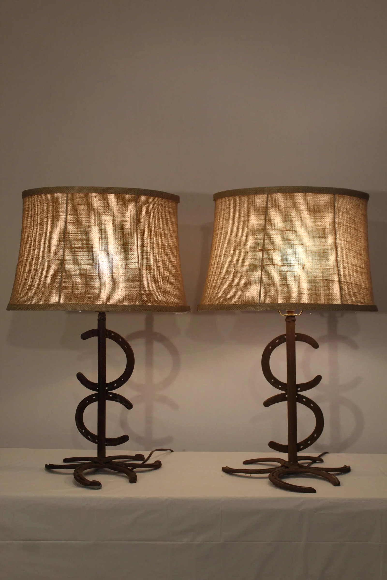 1930s Rustic Wrought Iron Horse Shoe Lamps - a Pair - 8
