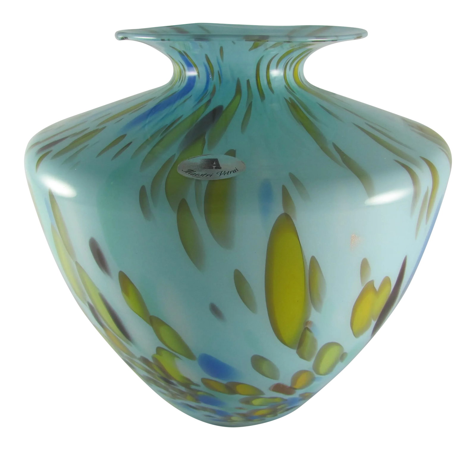 Large Mouth Blown Cased Art Glass Florence Tuscany Italy Turquoise Baby Blue Citrine Copper Vase: Stunning Italian hand made cased glass vase with scattered accents of Copper Frit No chips nor any cracks Weighs just shy of 3.5 pounds 9-1/4" tall, 5-1/2" diameter at rim and about 10" at widest