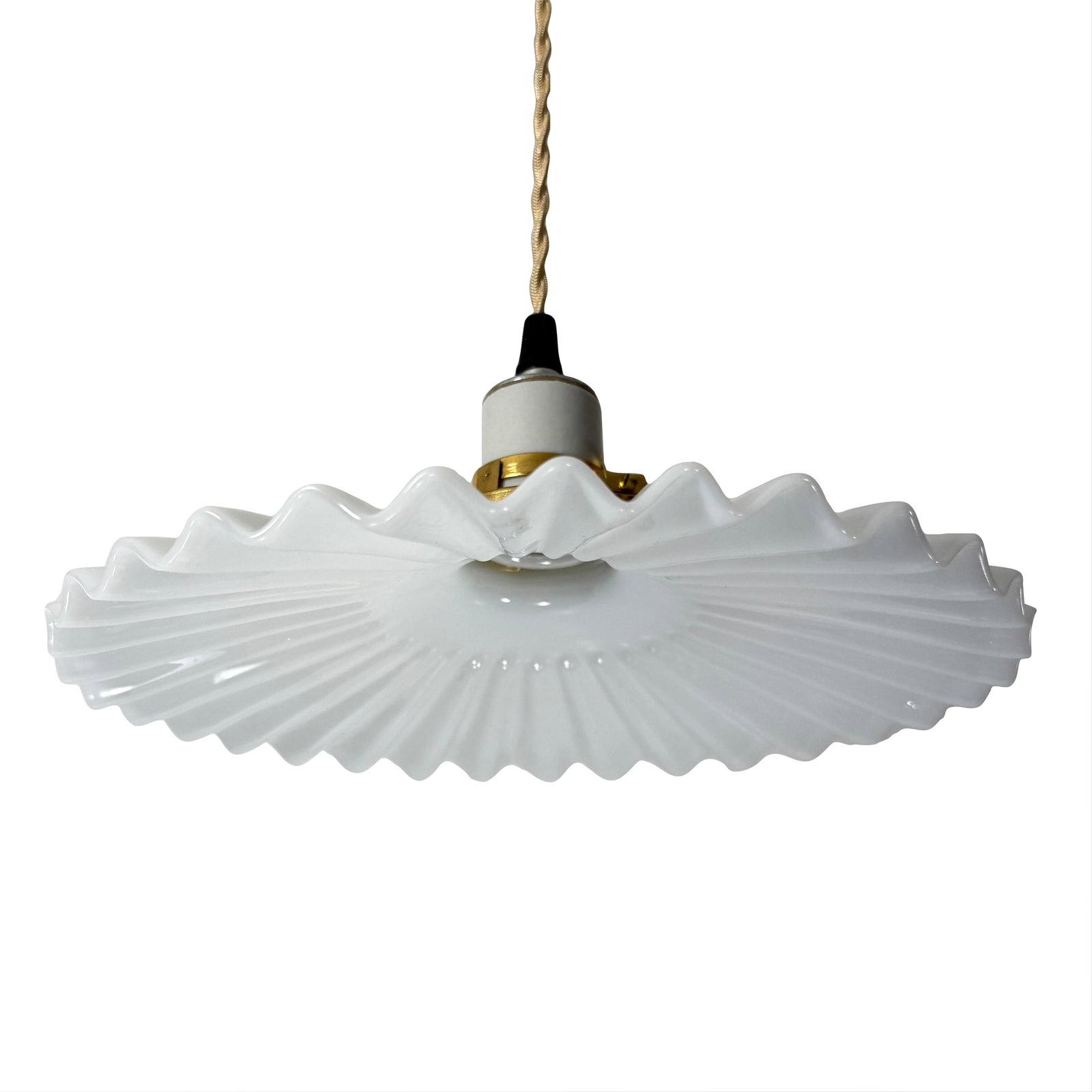 Antique White Opaline Glass "Frill" Pendant Light, 1930s: A beautifully hand-blown white opaline glass pendant light dating to the 1930s. This classic "frill," "pie crust," or crimped-edge form was widely used in early 20th-century kitchens, workshops, and