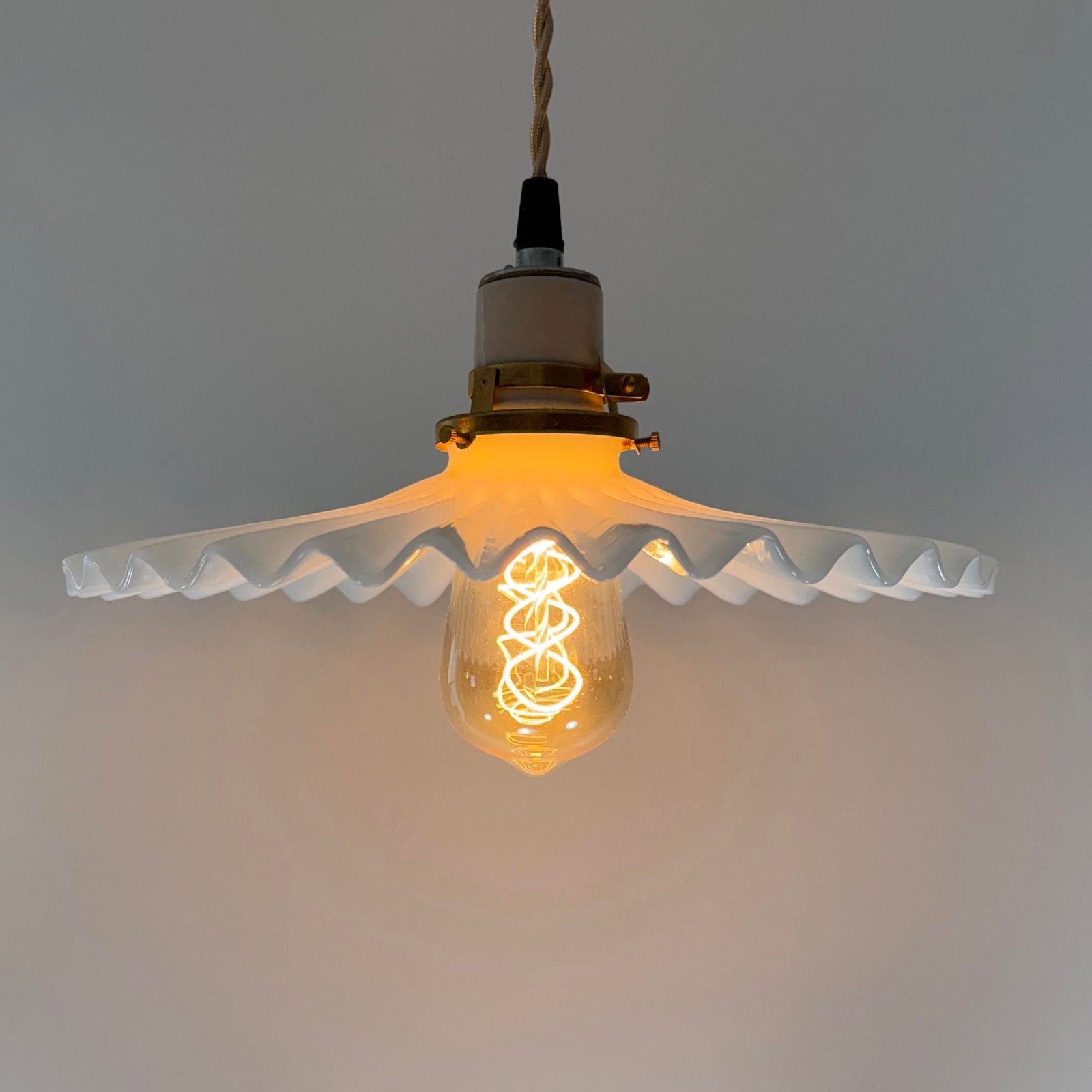Antique White Opaline Glass "Frill" Pendant Light, 1930s - 2
