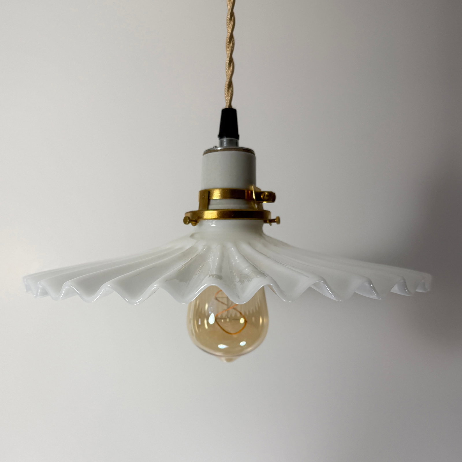 Antique White Opaline Glass "Frill" Pendant Light, 1930s - 3