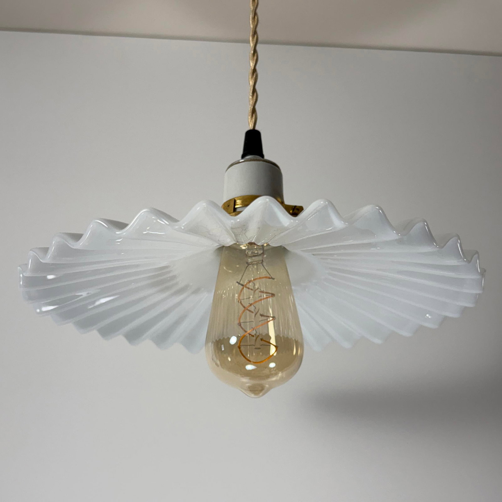 Antique White Opaline Glass "Frill" Pendant Light, 1930s - 4