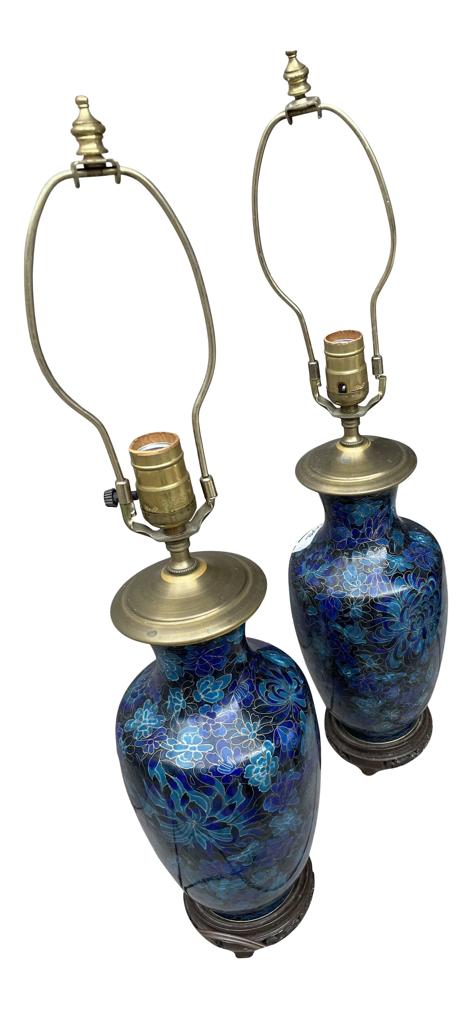 1980s Chinese Blue Porcelain Jar Lamps - Pair of 2.: Beautiful royal blue floral pattern side lamps. Perfect for a guest bedroom. Condition: Alterations: Original Condition Unaltered Imperfections: Some Imperfections Condition Notes: Antique base and br