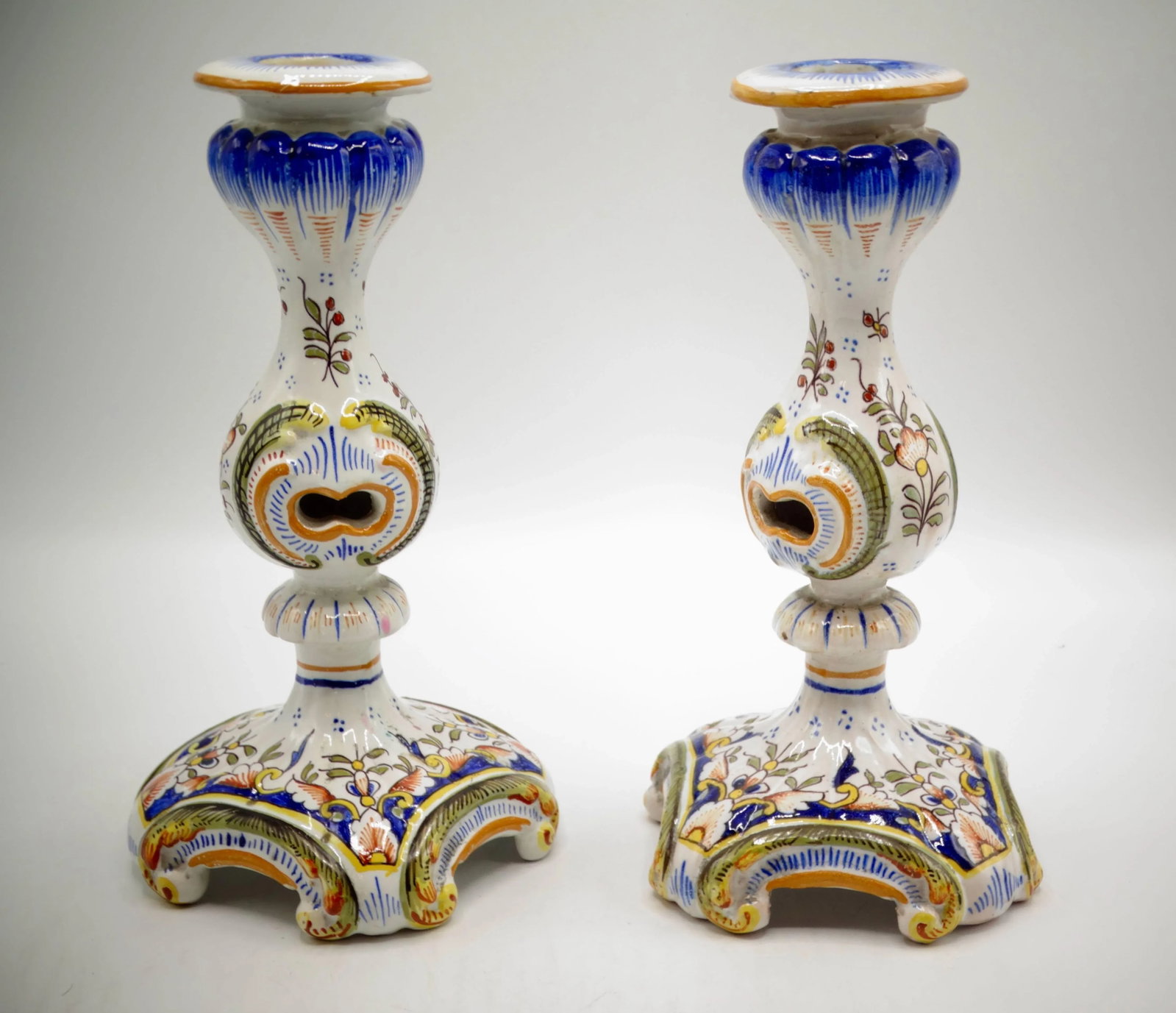Hand Painted French Faience Candlesticks, a Pair - 2