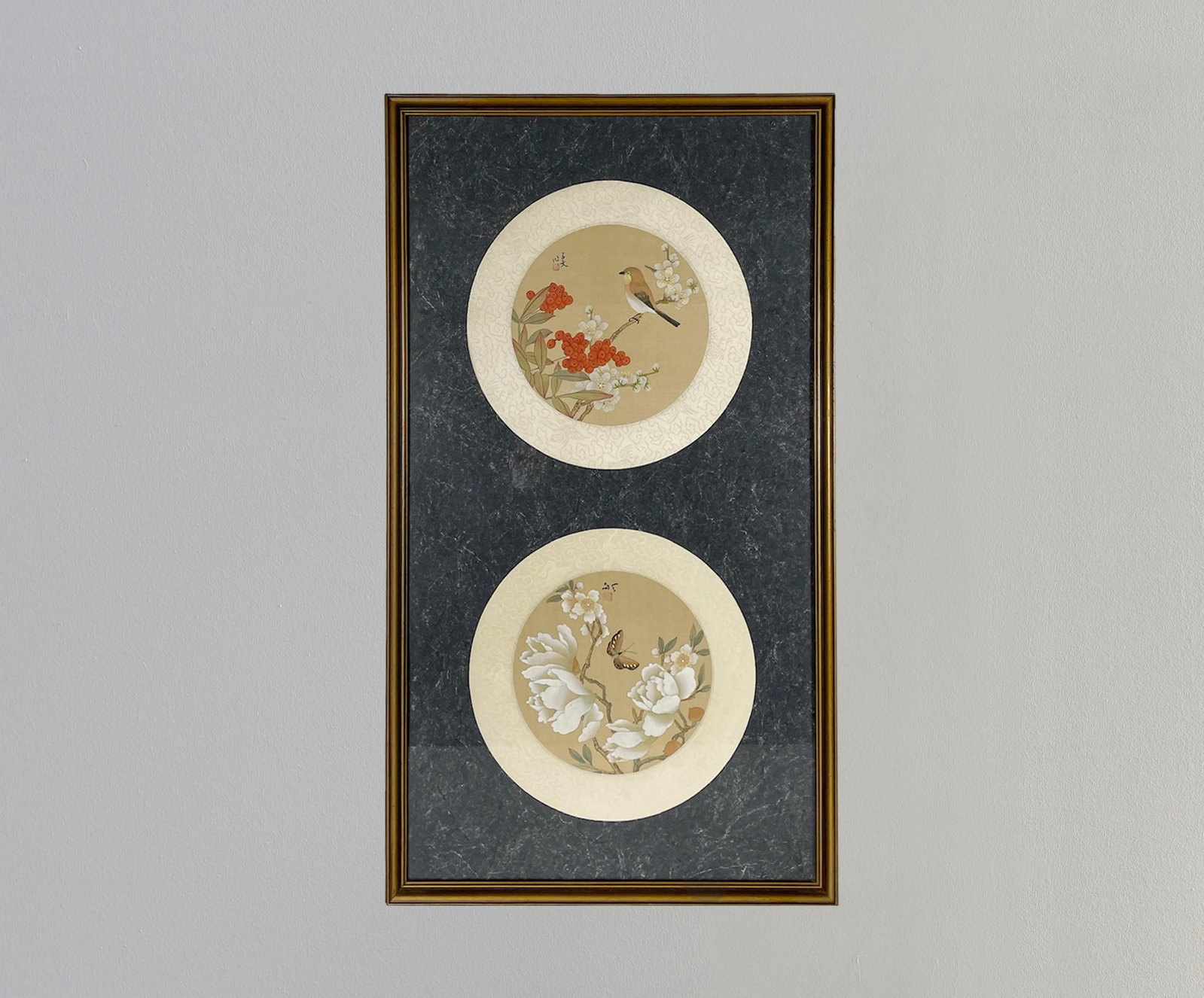 Vintage Round Asian Hand Painted Silk Botanical Watercolors - 10
