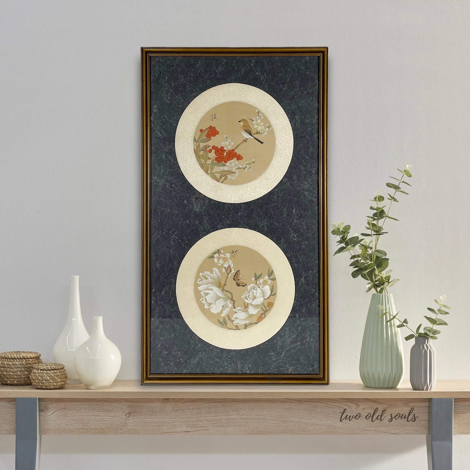 Vintage Round Asian Hand Painted Silk Botanical Watercolors - 2