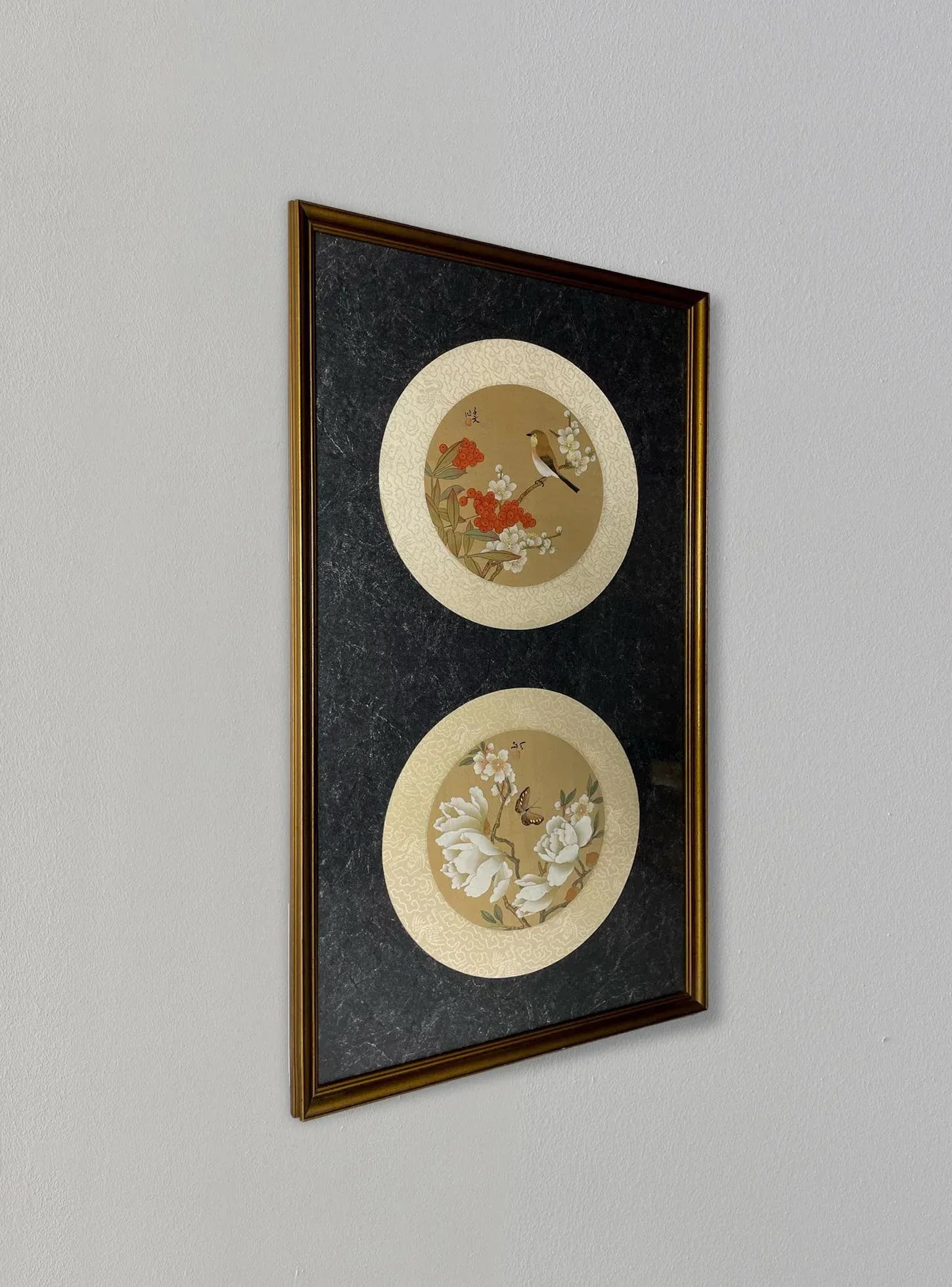 Vintage Round Asian Hand Painted Silk Botanical Watercolors - 3