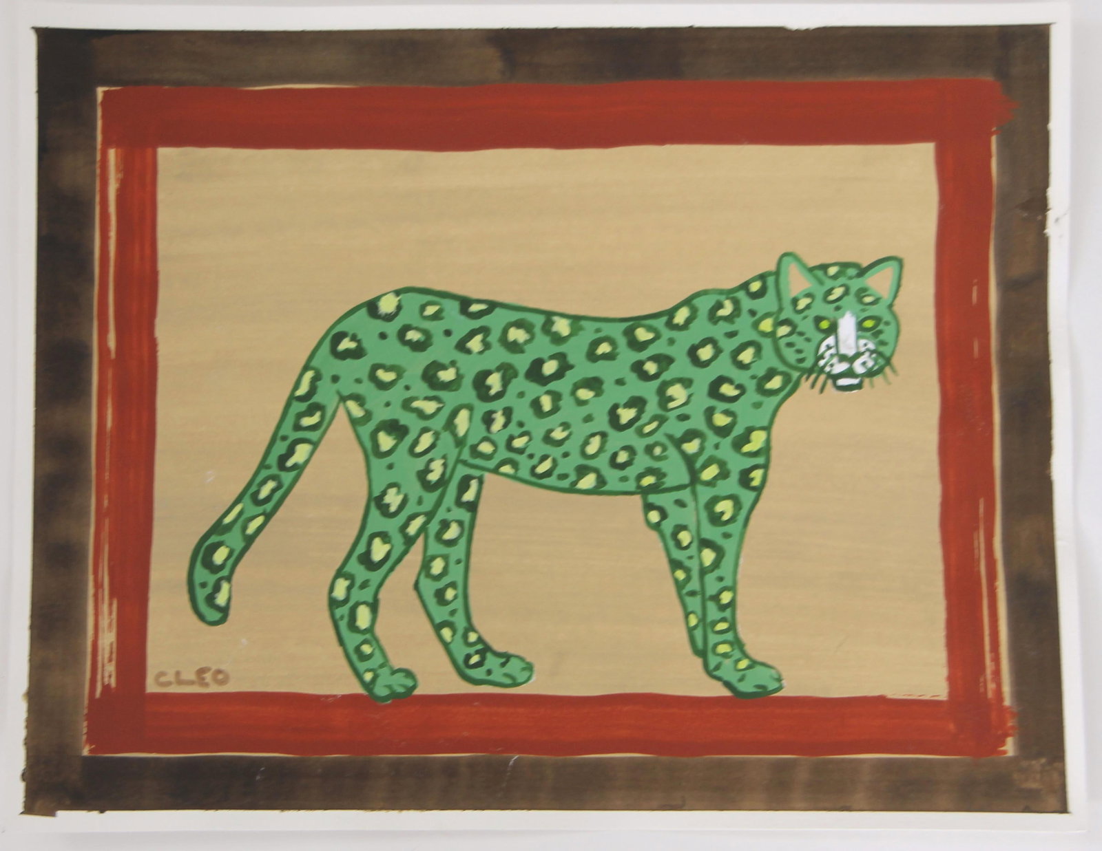 Green Leopard Expressionist Minimalism Double Border Burnt Sienna Sepia Raw Umber Original Painting - 2