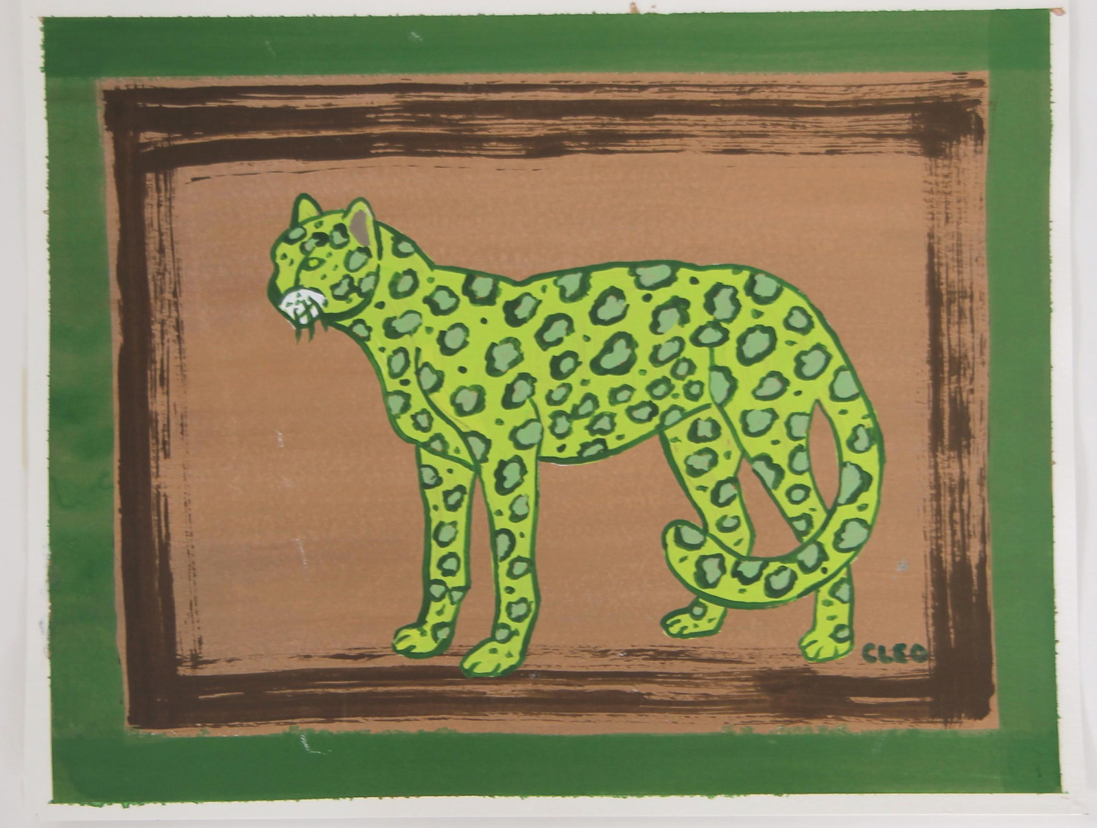Green Leopard Expressionist Minimalism Double Border Burnt Sienna Sepia Raw Umber Original Painting - 3