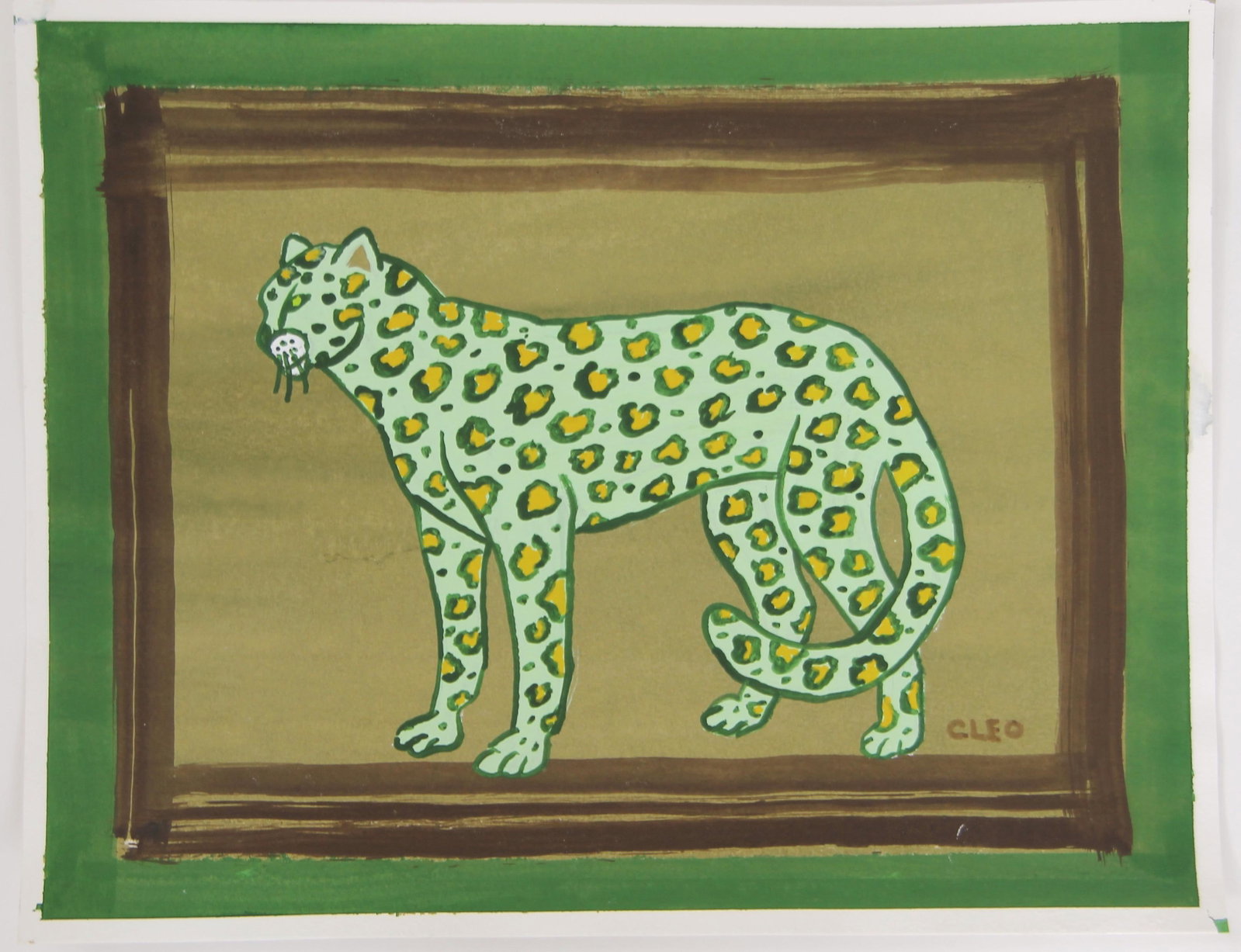 Green Leopard Expressionist Minimalism Double Border Burnt Sienna Sepia Raw Umber Original Painting - 4