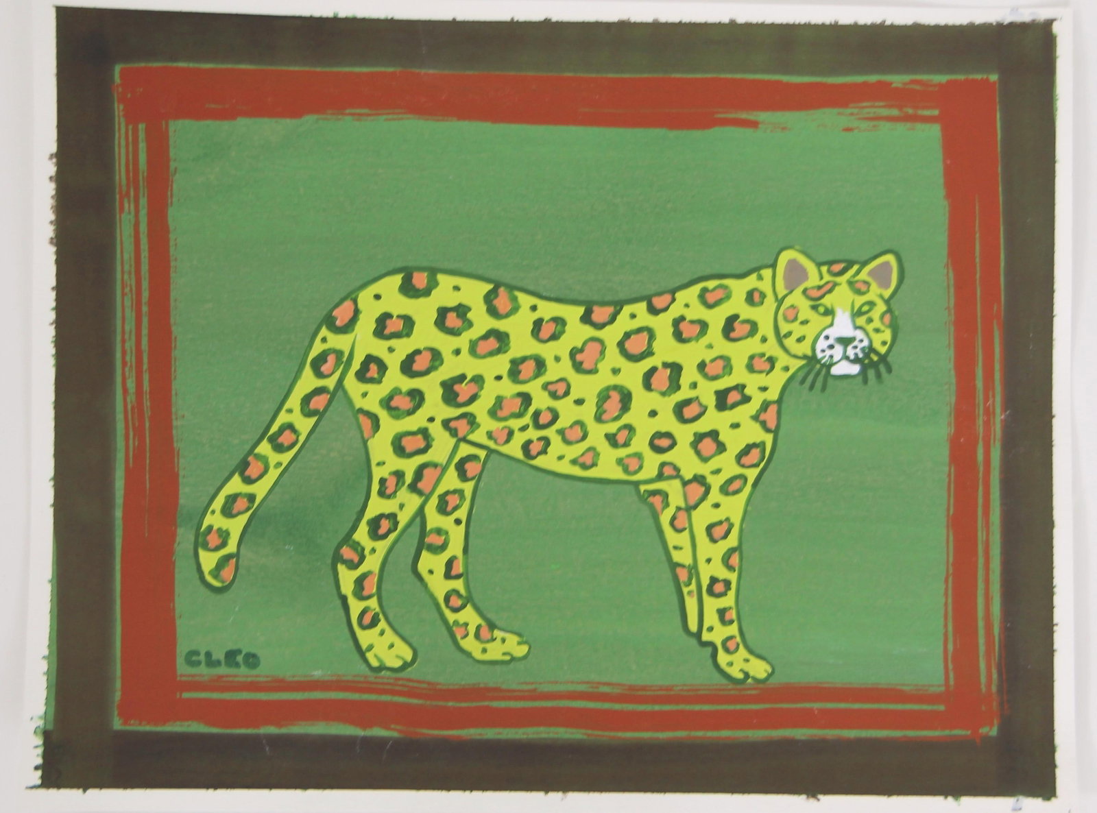 Green Leopard Expressionist Minimalism Double Border Burnt Sienna Sepia Raw Umber Original Painting - 5