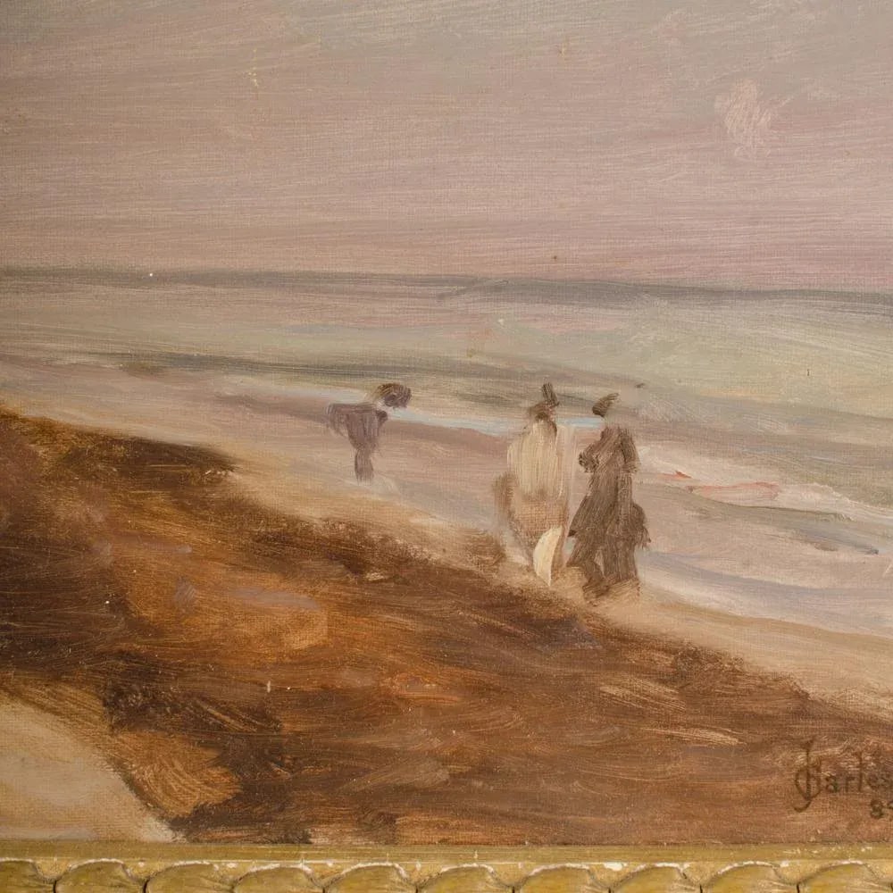Late 19th Century "Beach at Sunset" Landscape Oil Painting by James Charles, Framed - 7