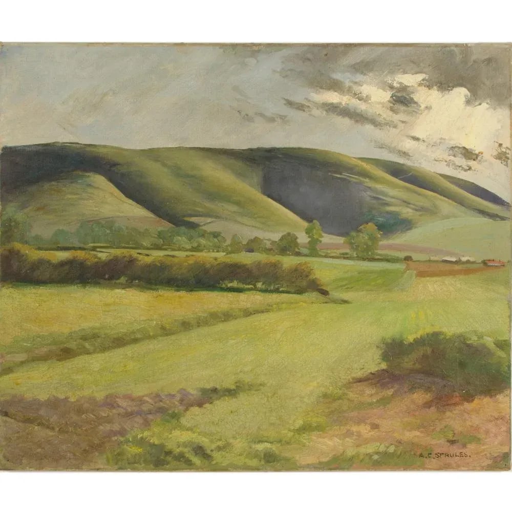 Early 20th Century "Green Fields" Expressionist Landscape Oil Painting by Arthur Crossingham Sprules - 2