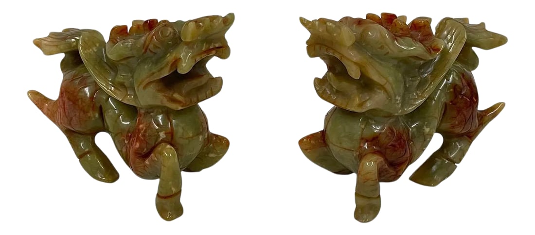 Vintage Chinese Carved Jade Kilim Statues - a Pair: Look at this pair of original hand carved Jade Kilim statue. They bring Happiness and Wealthiness to you in Chinese cultural. As you can see in the pictures, They are in very good conditions and shows