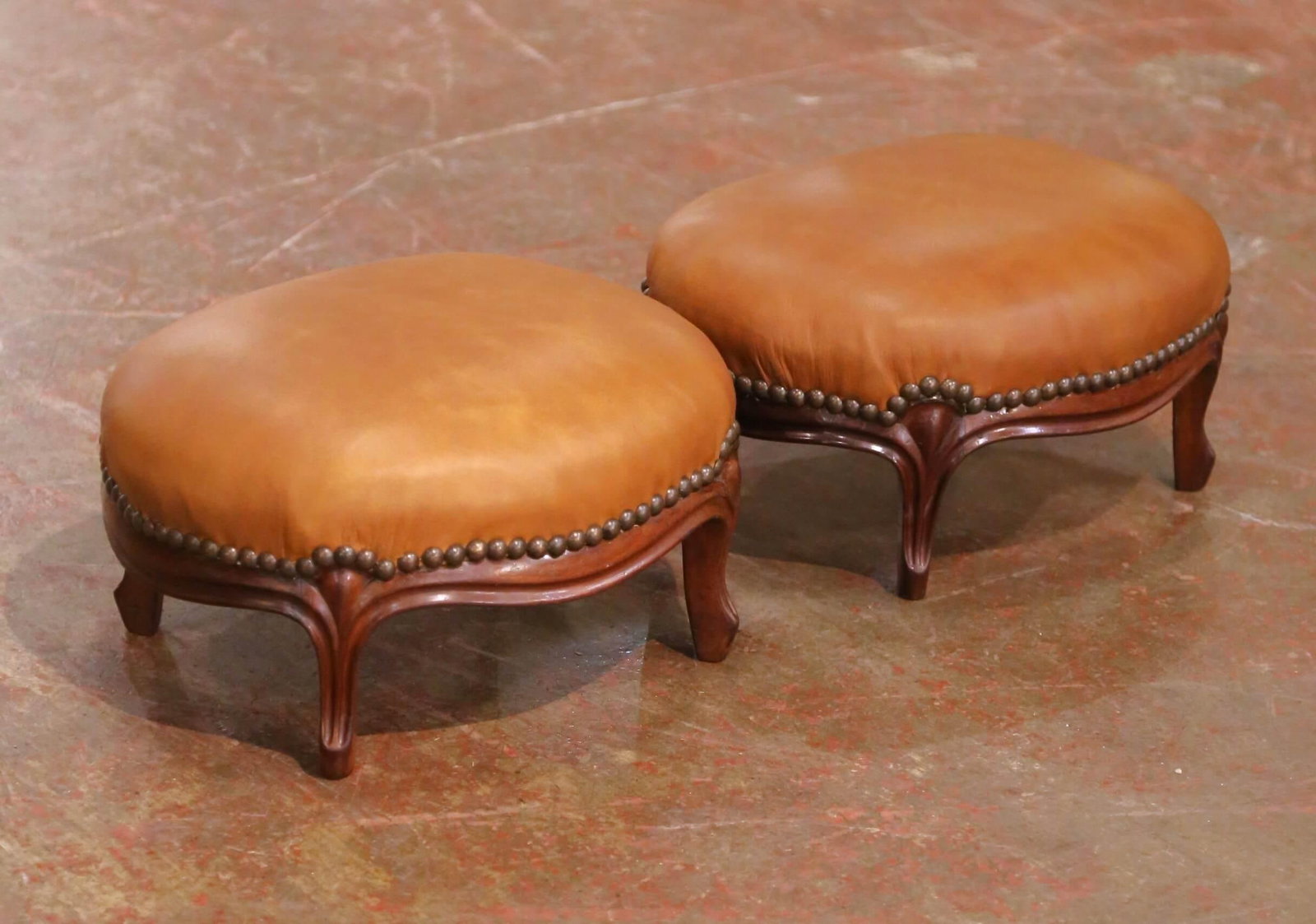 Pair of 19th Century French Louis XV Mahogany Footstools With Leather Tops - 2
