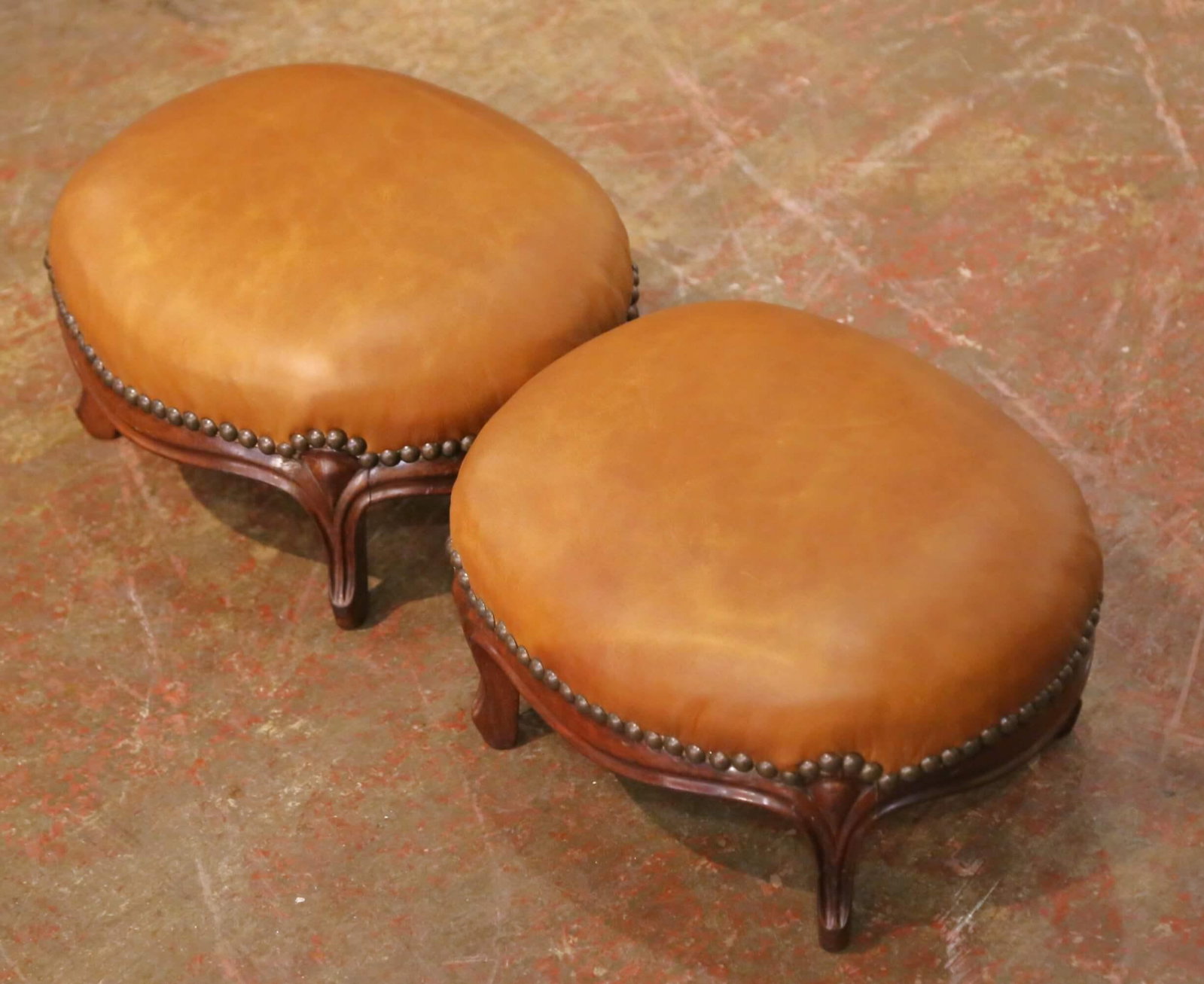 Pair of 19th Century French Louis XV Mahogany Footstools With Leather Tops - 3