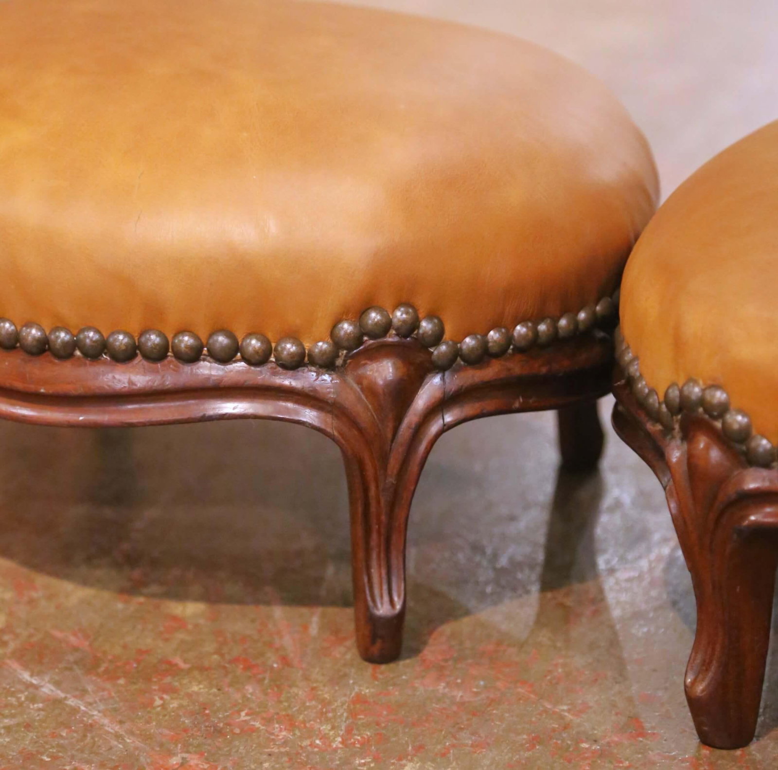 Pair of 19th Century French Louis XV Mahogany Footstools With Leather Tops - 4