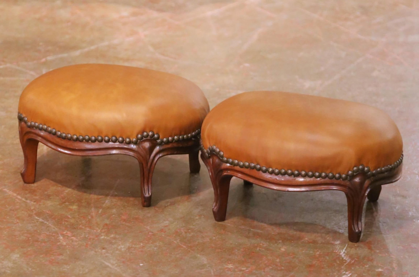 Pair of 19th Century French Louis XV Mahogany Footstools With Leather Tops - 5