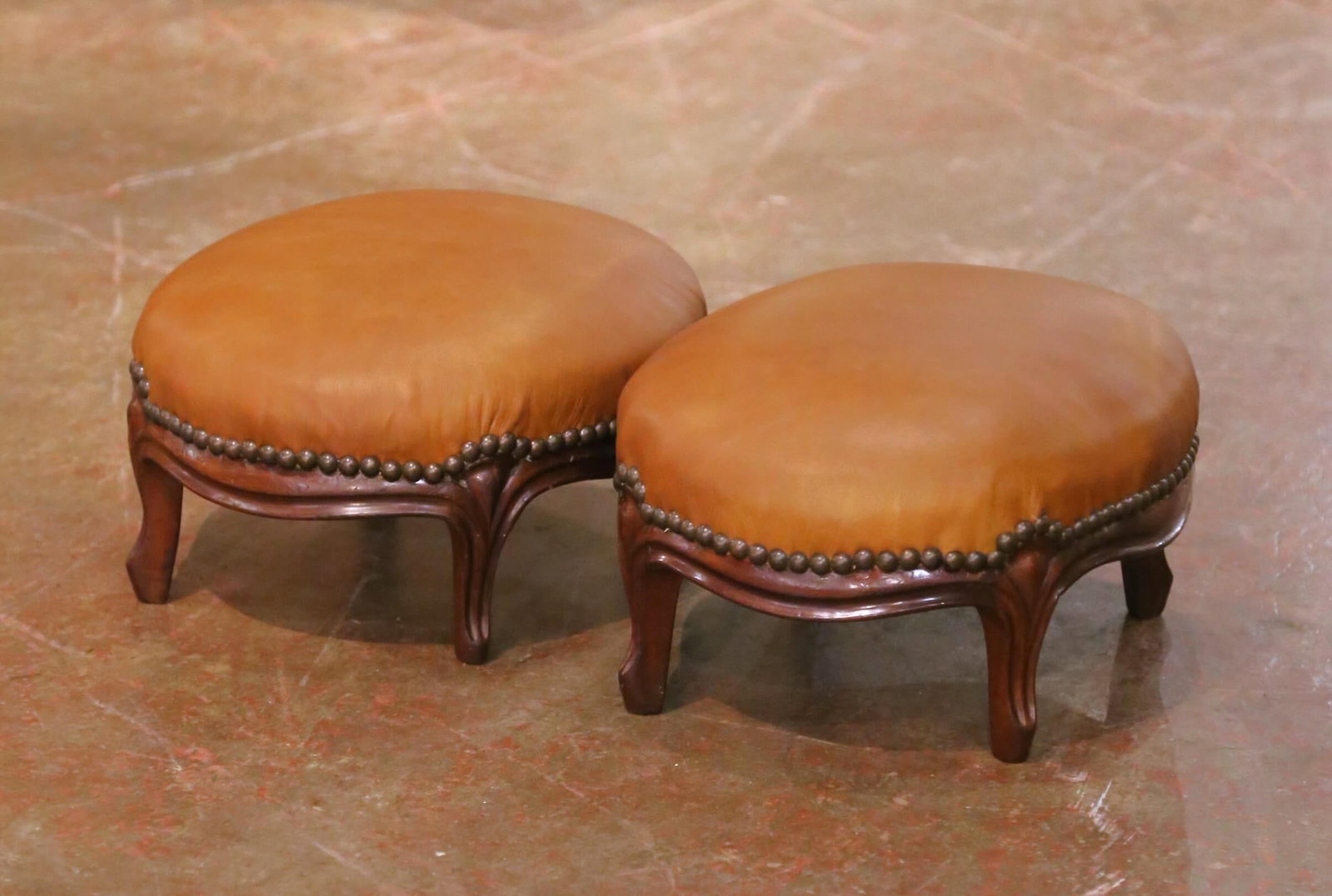 Pair of 19th Century French Louis XV Mahogany Footstools With Leather Tops - 6