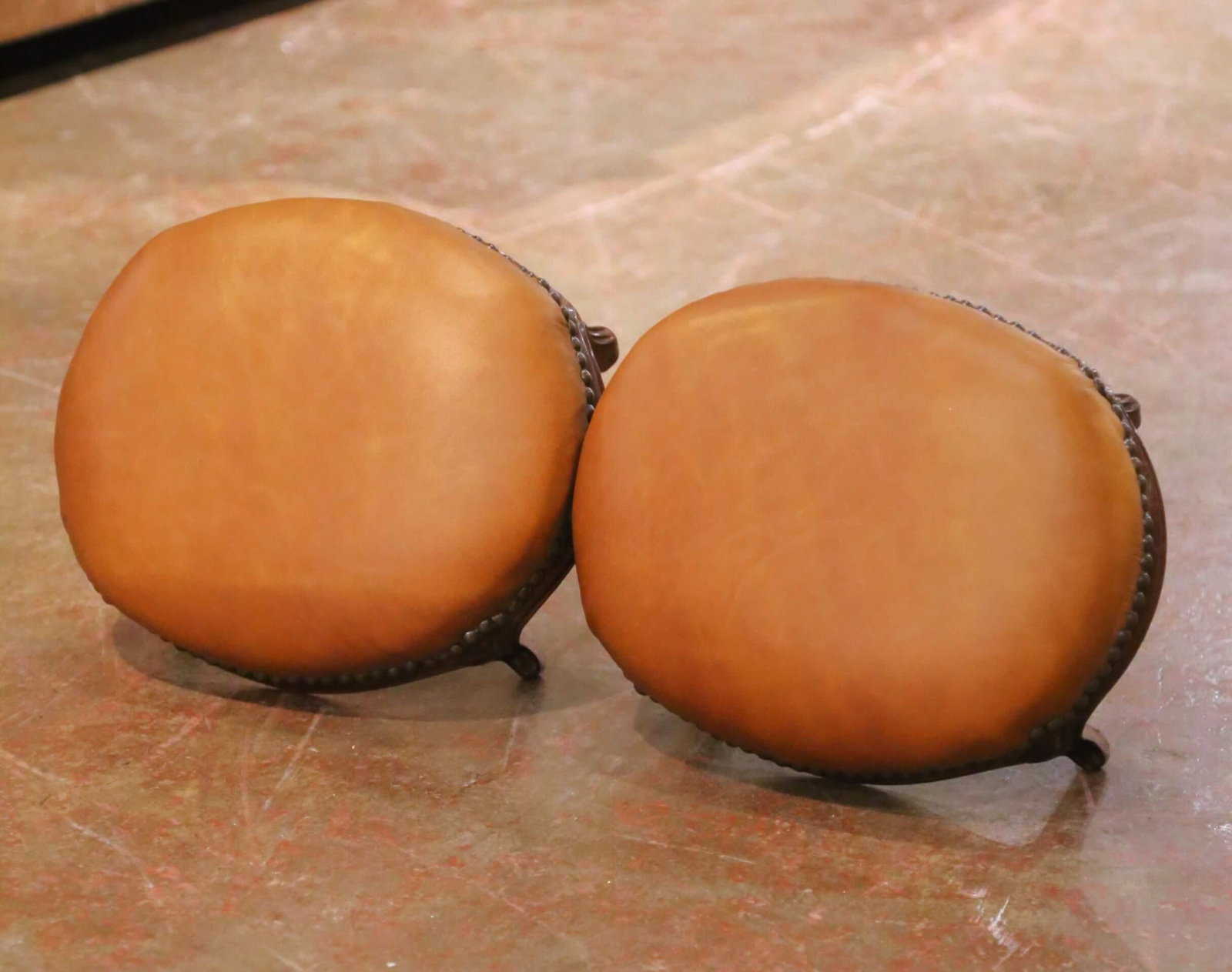 Pair of 19th Century French Louis XV Mahogany Footstools With Leather Tops - 7