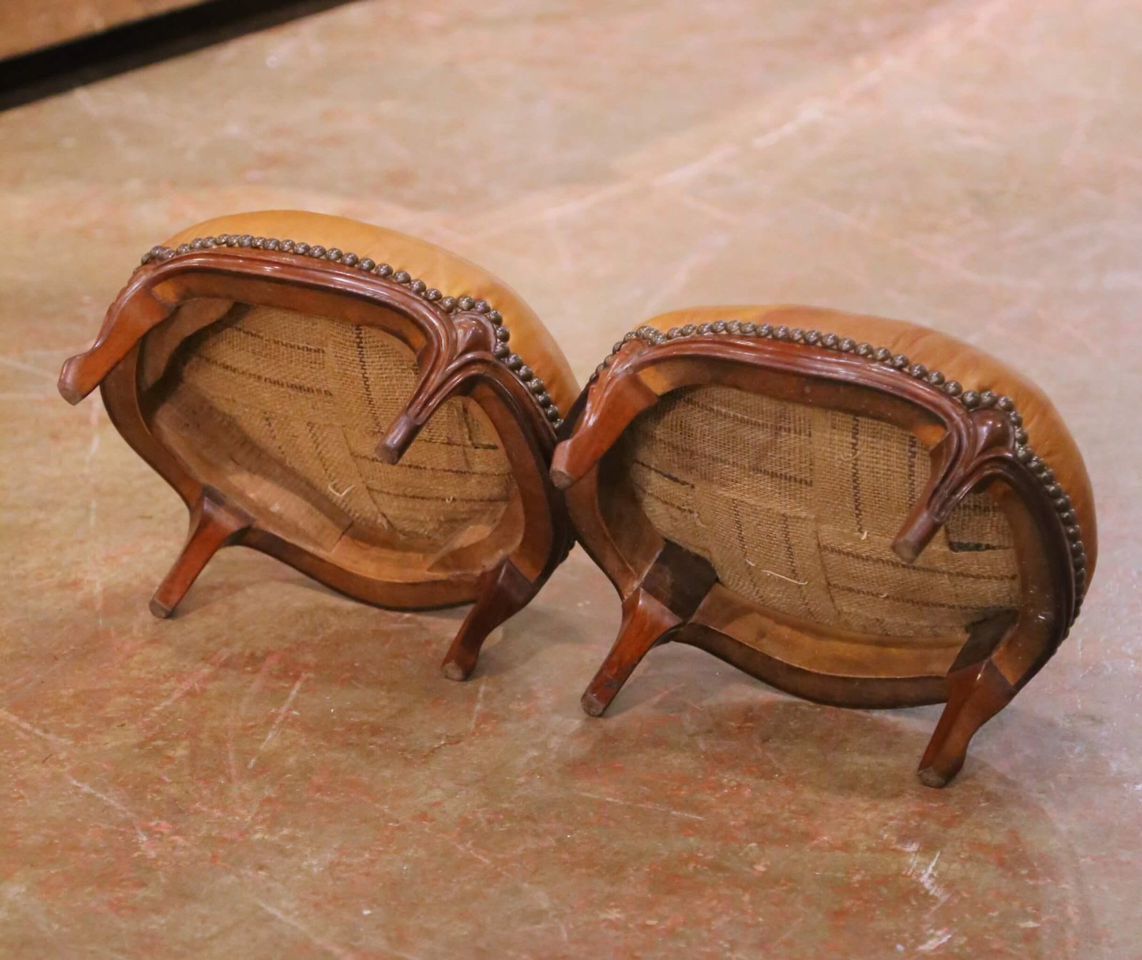 Pair of 19th Century French Louis XV Mahogany Footstools With Leather Tops - 8
