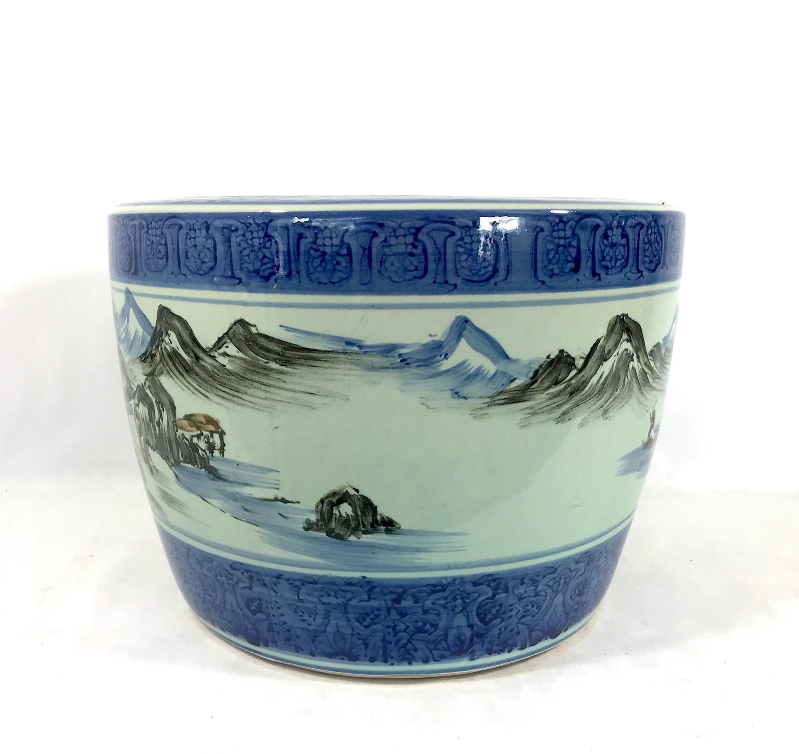 Vintage Chinese Blue & White Porcelain Planter, Wrap Around Shan Shui Mountain & Water Landscapes - 2