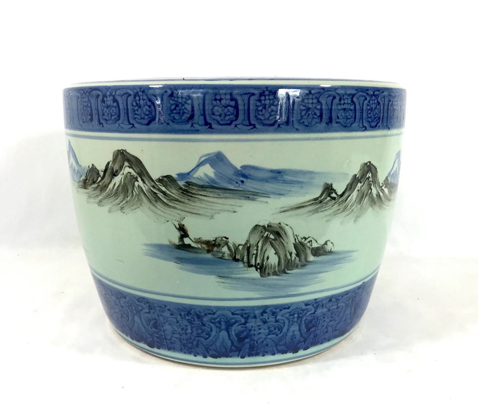 Vintage Chinese Blue & White Porcelain Planter, Wrap Around Shan Shui Mountain & Water Landscapes - 3