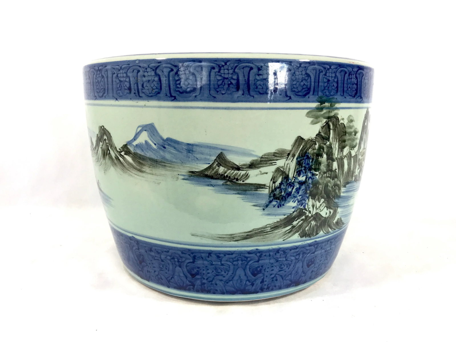Vintage Chinese Blue & White Porcelain Planter, Wrap Around Shan Shui Mountain & Water Landscapes - 4