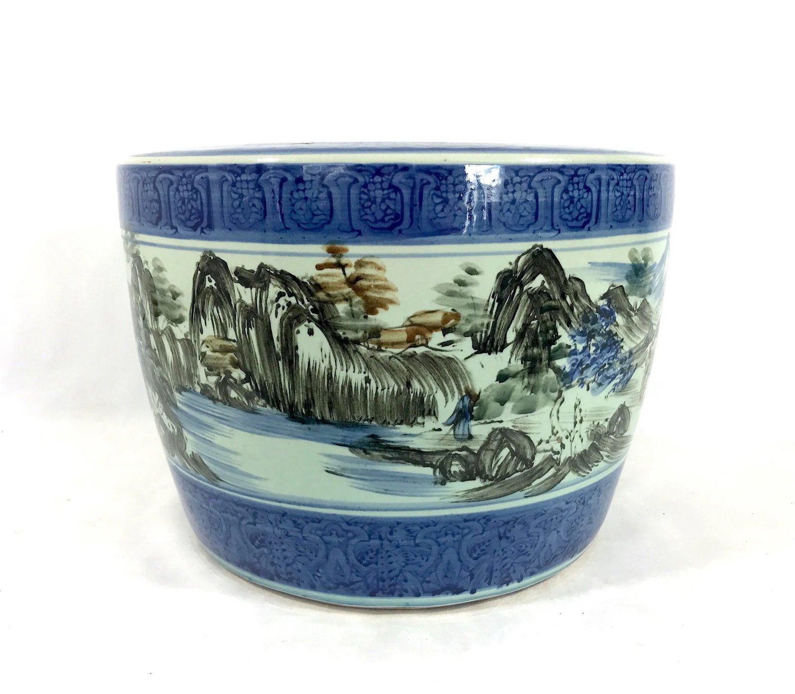 Vintage Chinese Blue & White Porcelain Planter, Wrap Around Shan Shui Mountain & Water Landscapes - 5