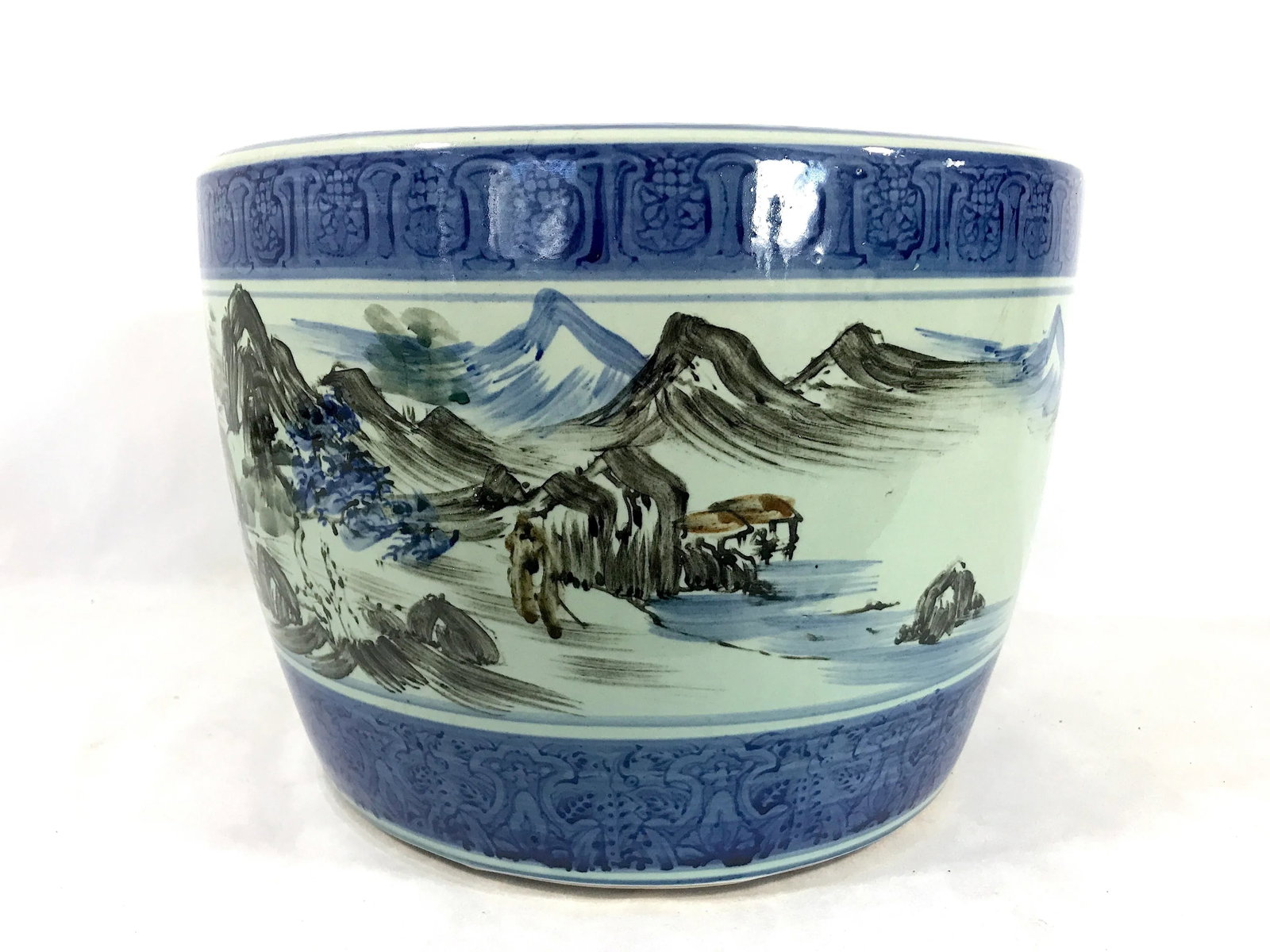 Vintage Chinese Blue & White Porcelain Planter, Wrap Around Shan Shui Mountain & Water Landscapes - 6