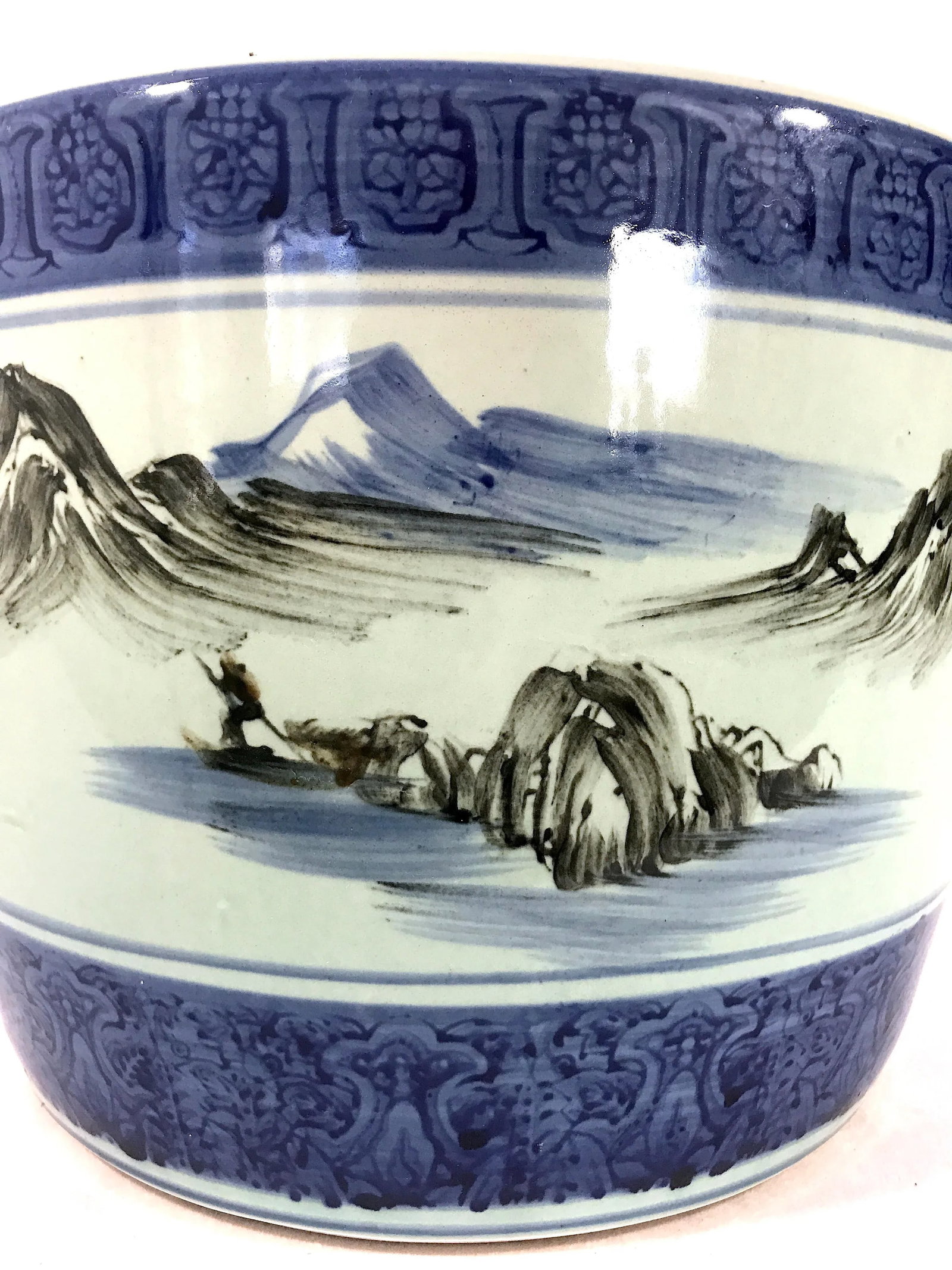 Vintage Chinese Blue & White Porcelain Planter, Wrap Around Shan Shui Mountain & Water Landscapes - 7