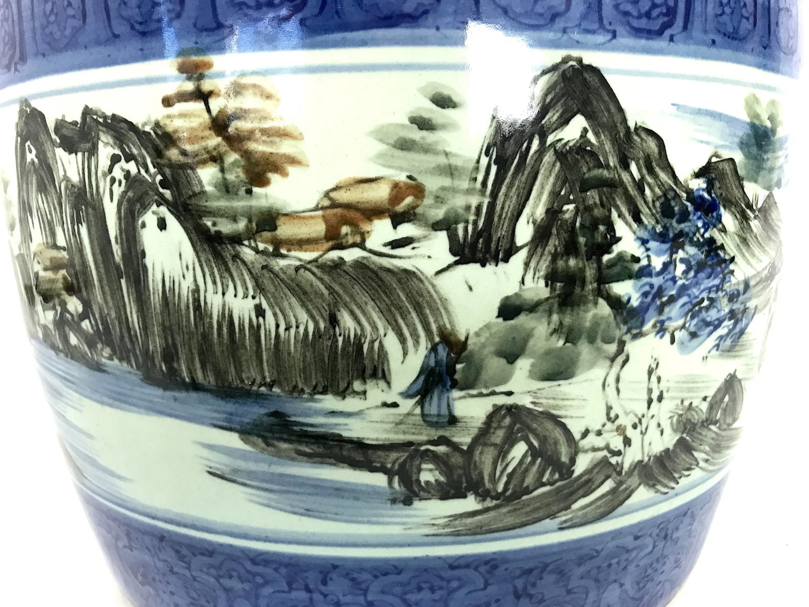 Vintage Chinese Blue & White Porcelain Planter, Wrap Around Shan Shui Mountain & Water Landscapes - 8