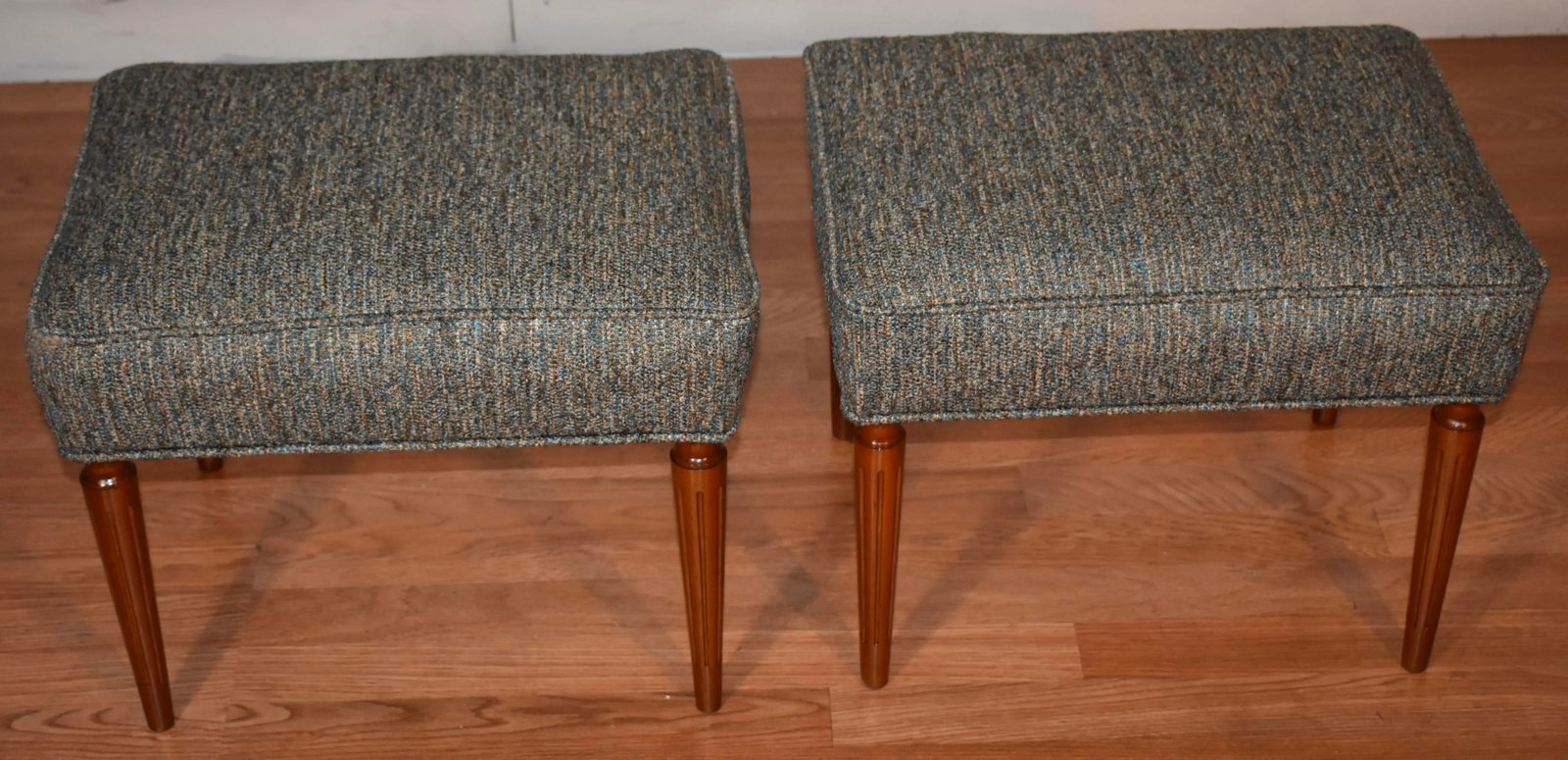 1920 Antique French Louis XVI Walnut Pair Footstools / Ottoman New Upholstery - 12