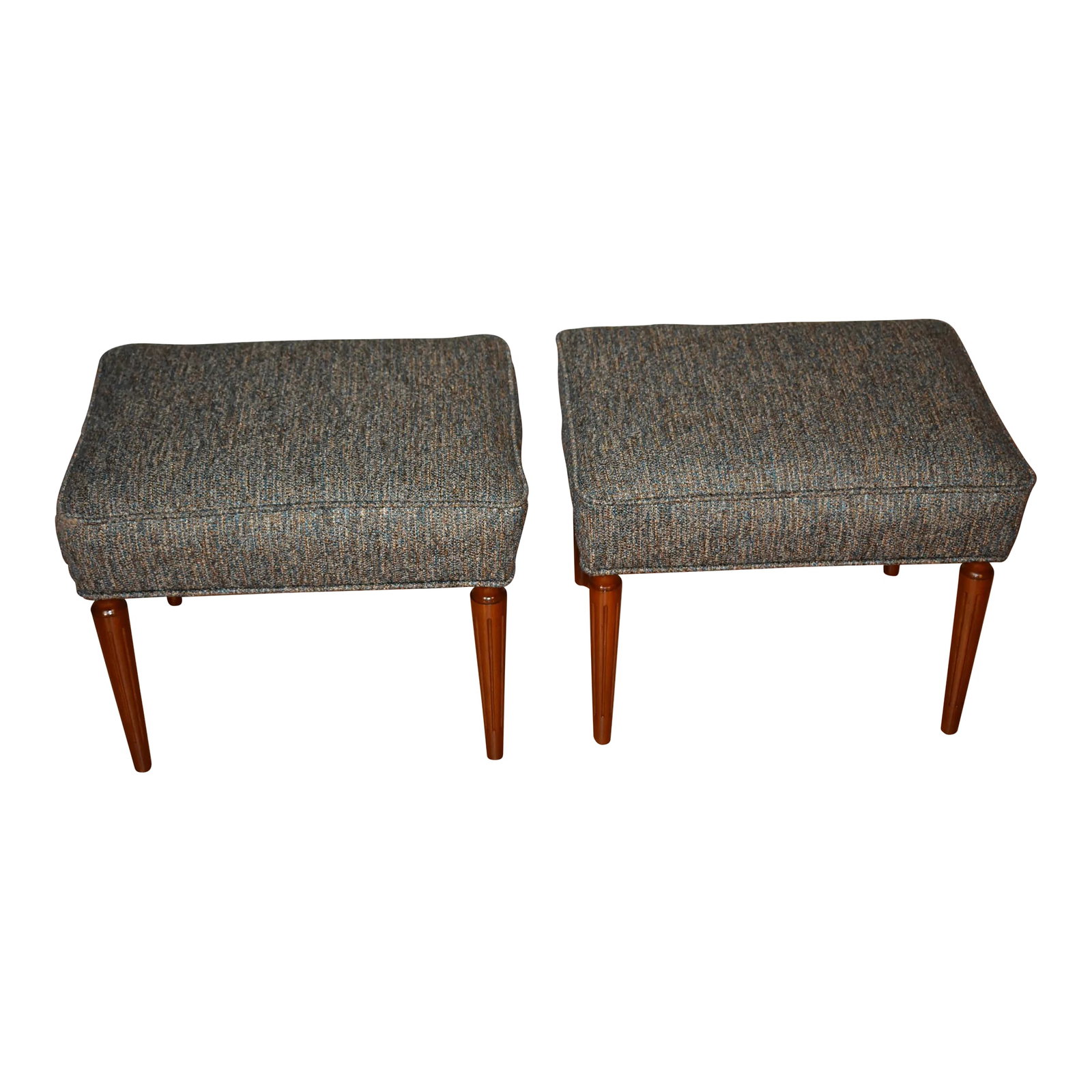 1920 Antique French Louis XVI Walnut Pair Footstools / Ottoman New Upholstery: We are pleased to offer this beautiful pair of Antique French Louis XVI footstools , from the 1920. This pair is made of Walnut wood , supported with four sturdy legs . Completely restored (