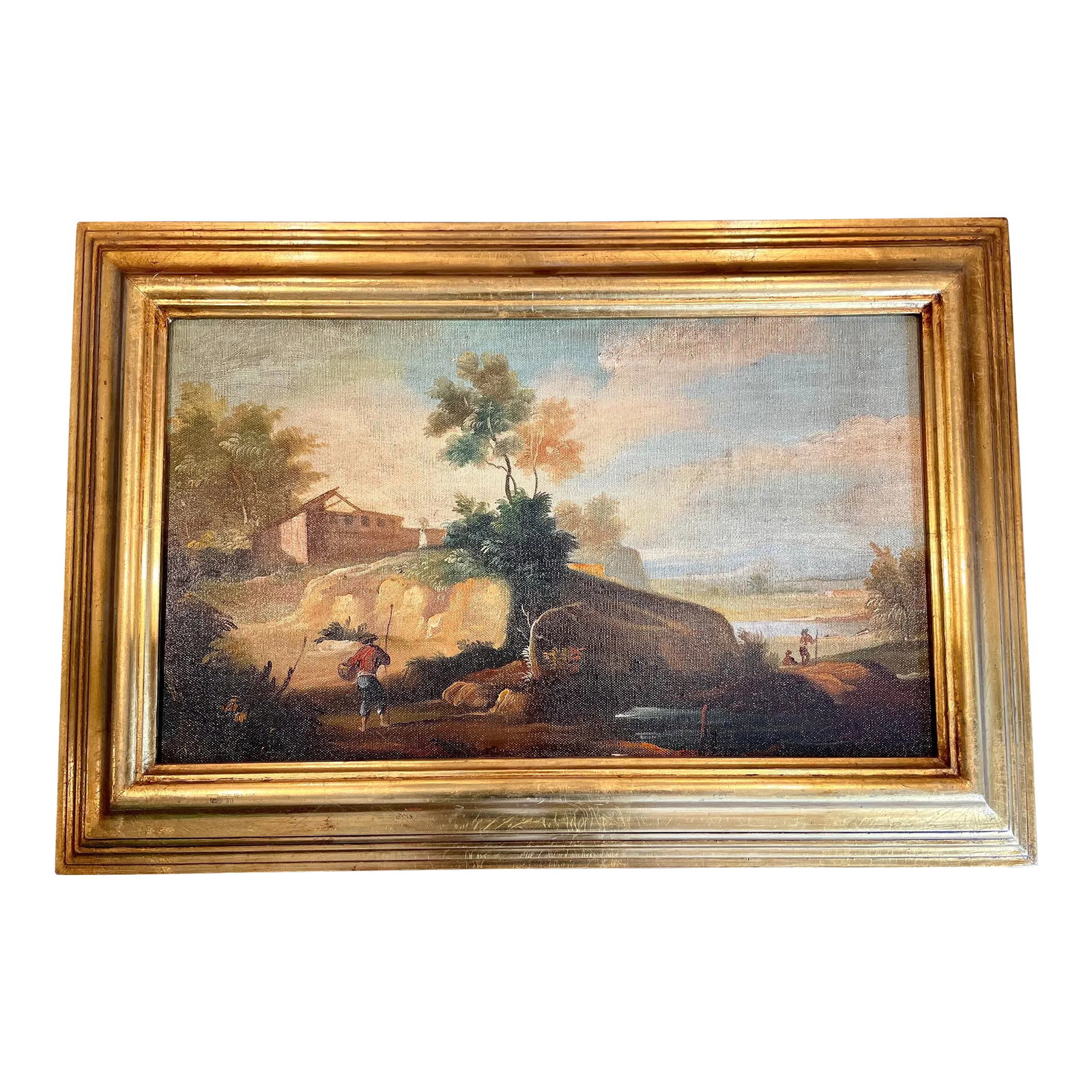 Venetian Landscape Oil Painting With Gilt Wood Frame- Made in Italy: Mid century Venetian oil painting on canvas with a striking gold gift wood frame. Landscape depicted near a bed of water. Beautiful use of colors and detail. Signed by artist The piece is ready to han