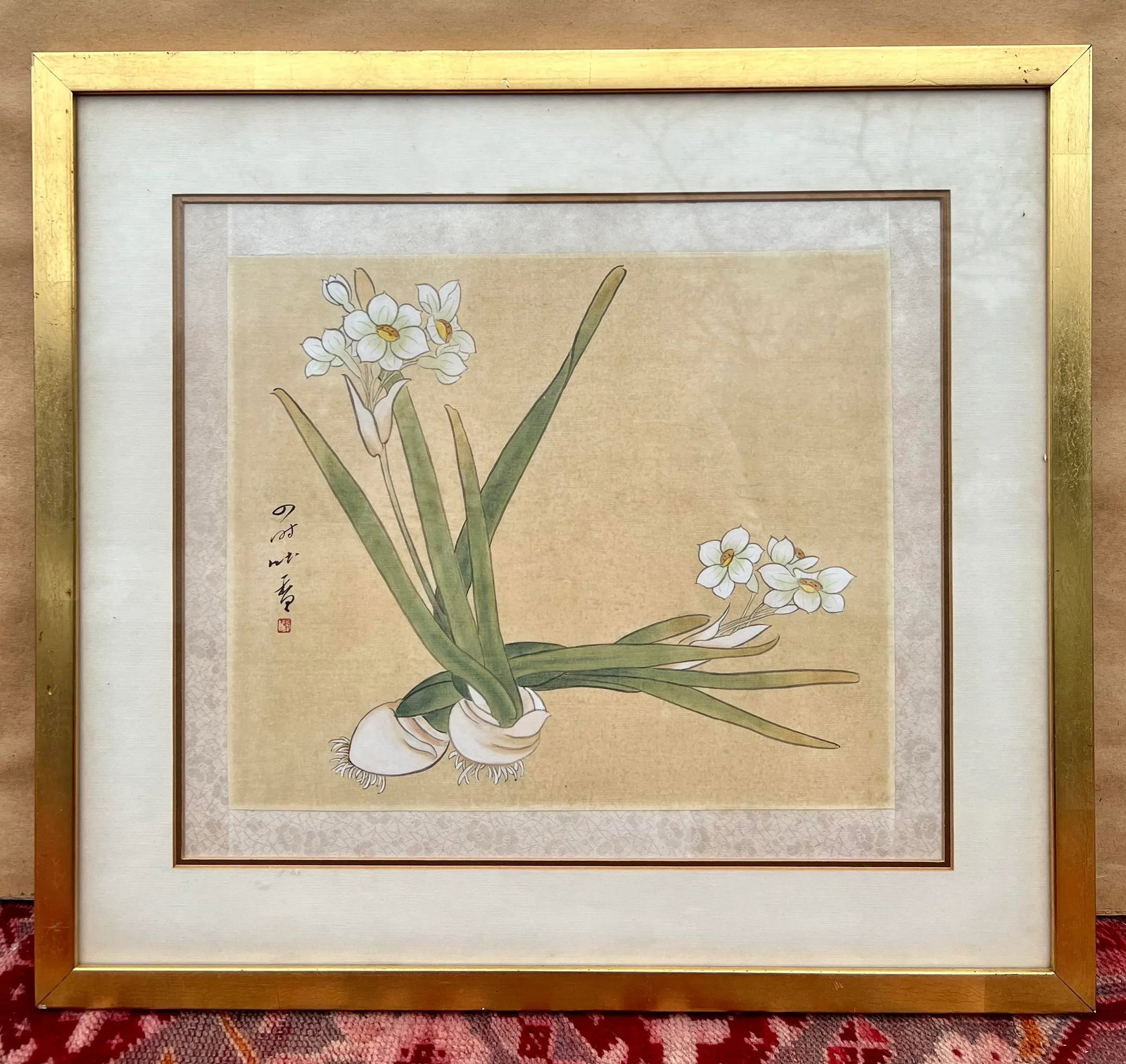 Chinese Paper White Narcissus Bulb Watercolor Gouache Painting on Silk- Framed - 10