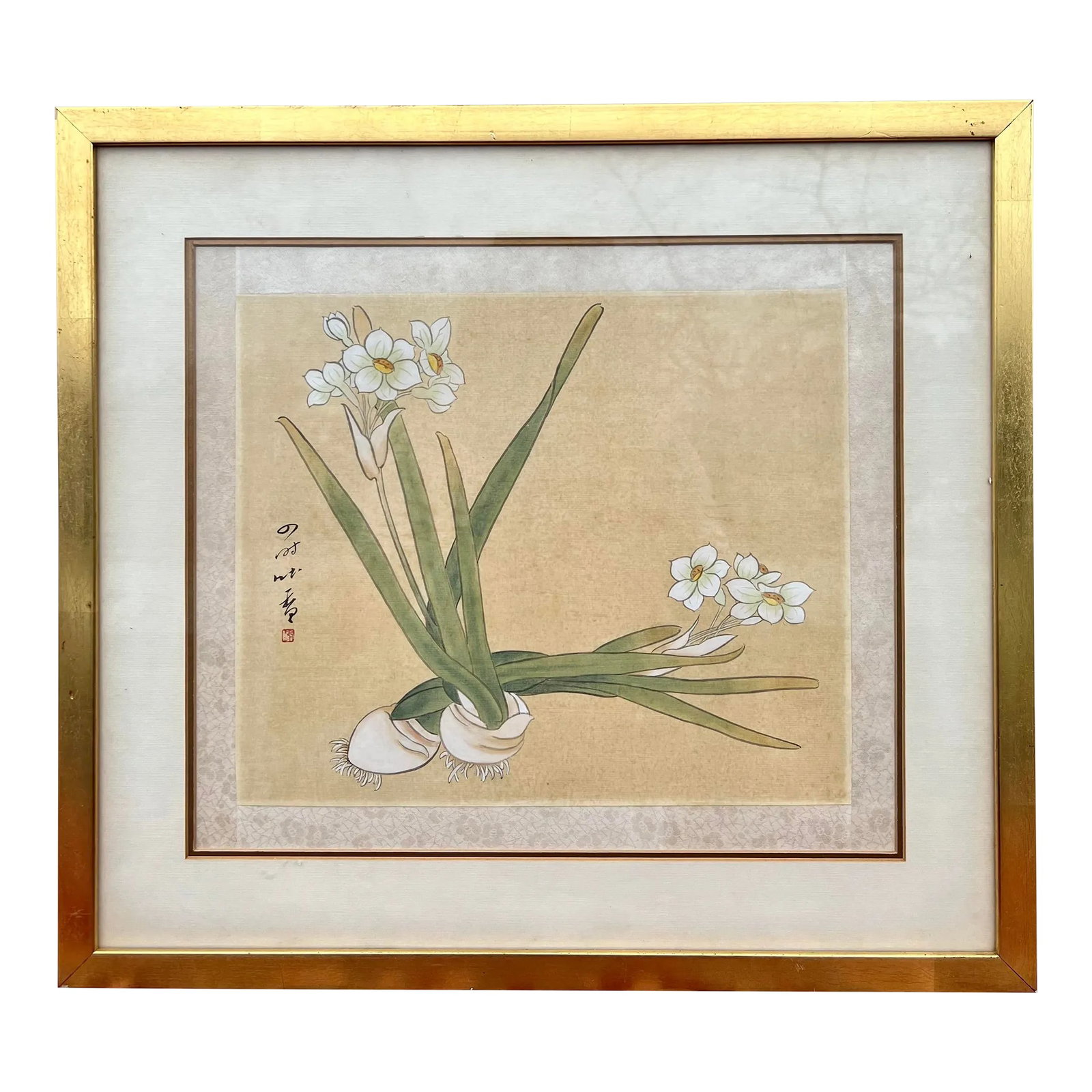 Chinese Paper White Narcissus Bulb Watercolor Gouache Painting on Silk- Framed: A beautiful composition of a paper white narcissus bulb in traditional Chinese technique. All hand painted on silk with gouache. Has a standard silk brocade border and is then framed and matted in a g