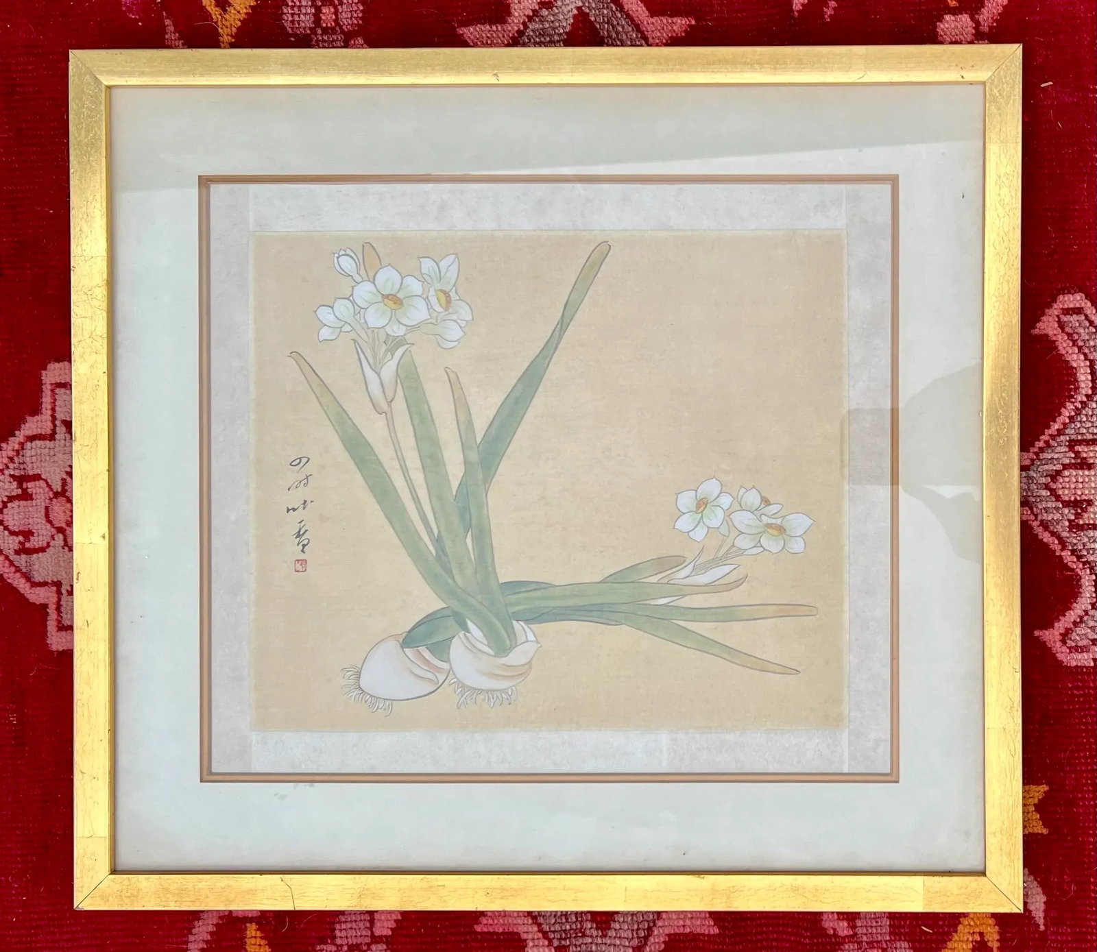 Chinese Paper White Narcissus Bulb Watercolor Gouache Painting on Silk- Framed - 3
