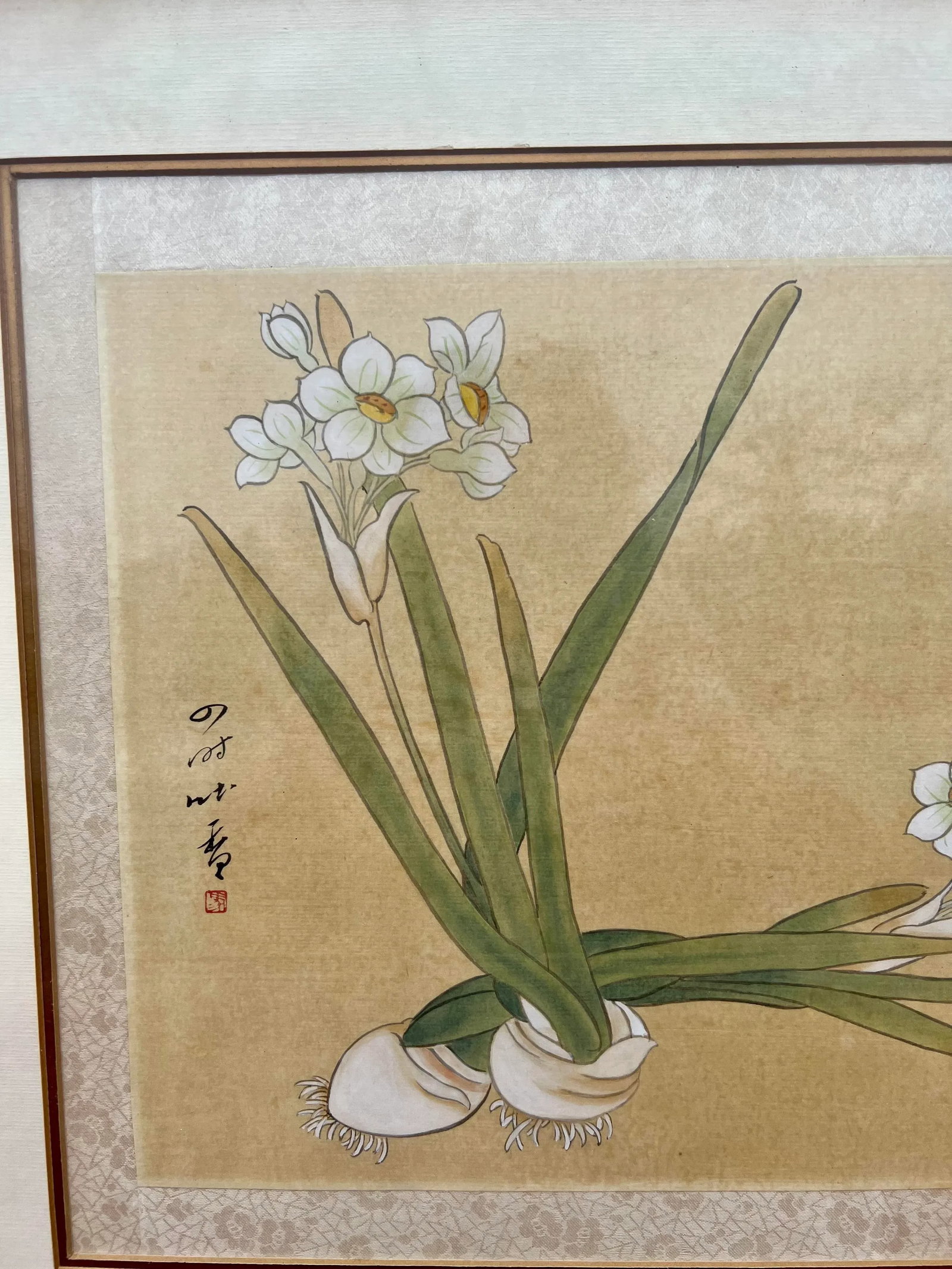 Chinese Paper White Narcissus Bulb Watercolor Gouache Painting on Silk- Framed - 4