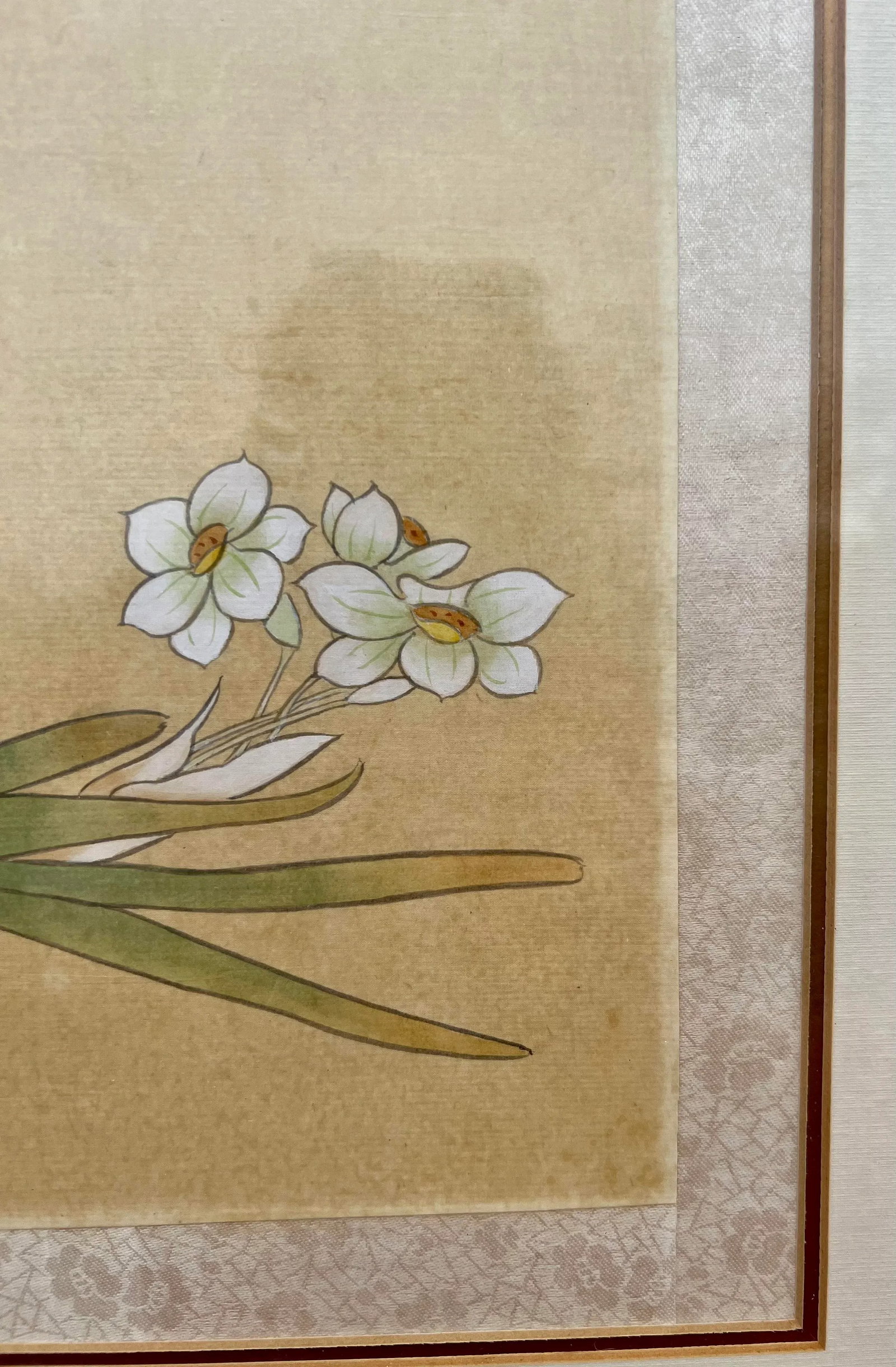 Chinese Paper White Narcissus Bulb Watercolor Gouache Painting on Silk- Framed - 5